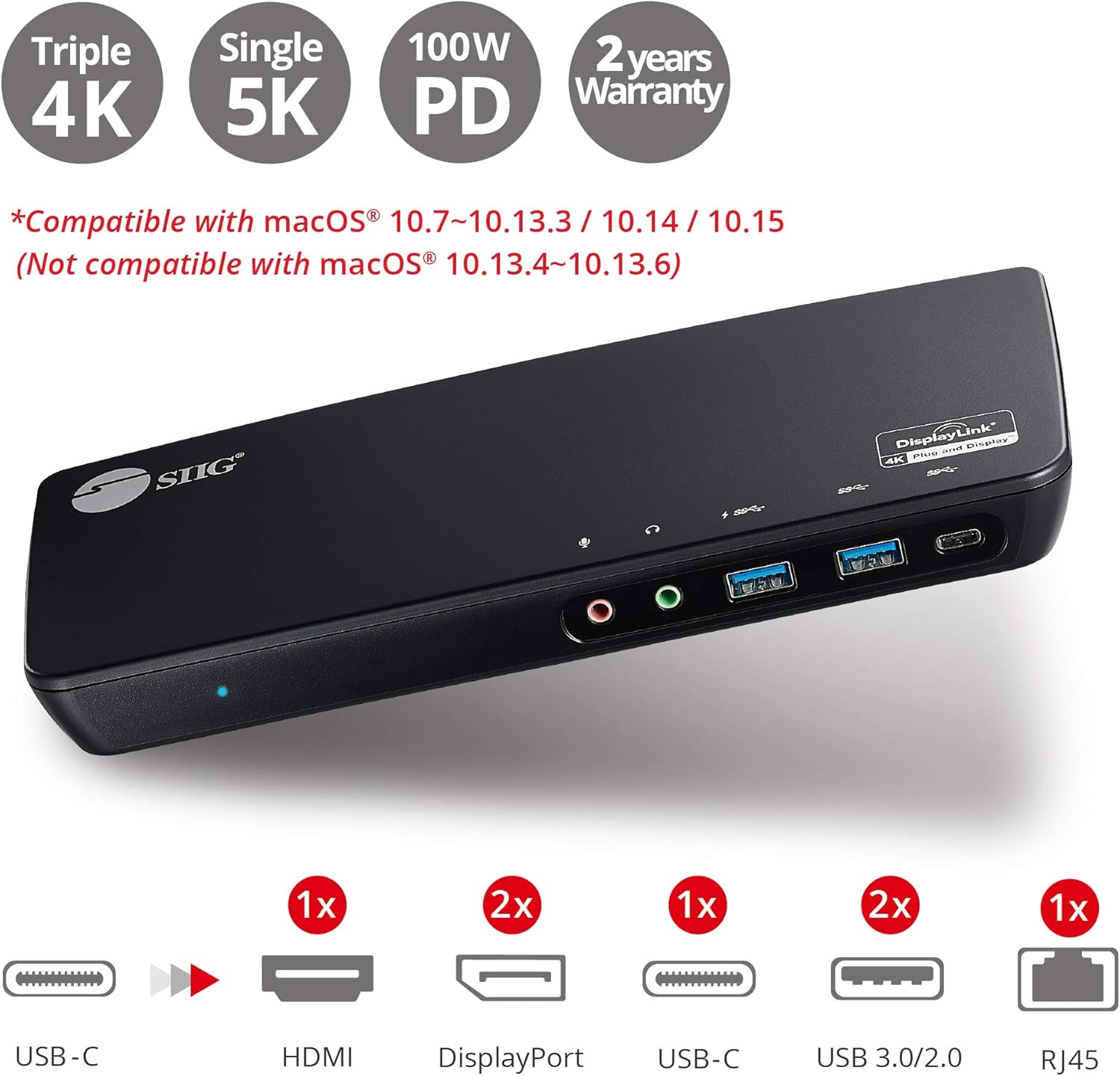 SIIG USB Type C 4K Triple Monitor Docking Station - Triple 4K@60Hz or Single 5K@60Hz Video Laptop Dock with 85W Charging - 1x HDMI, 2x DisplayPort, 5x USB Ports for Windows PC & MacBook (JU-DK0B11-S1)