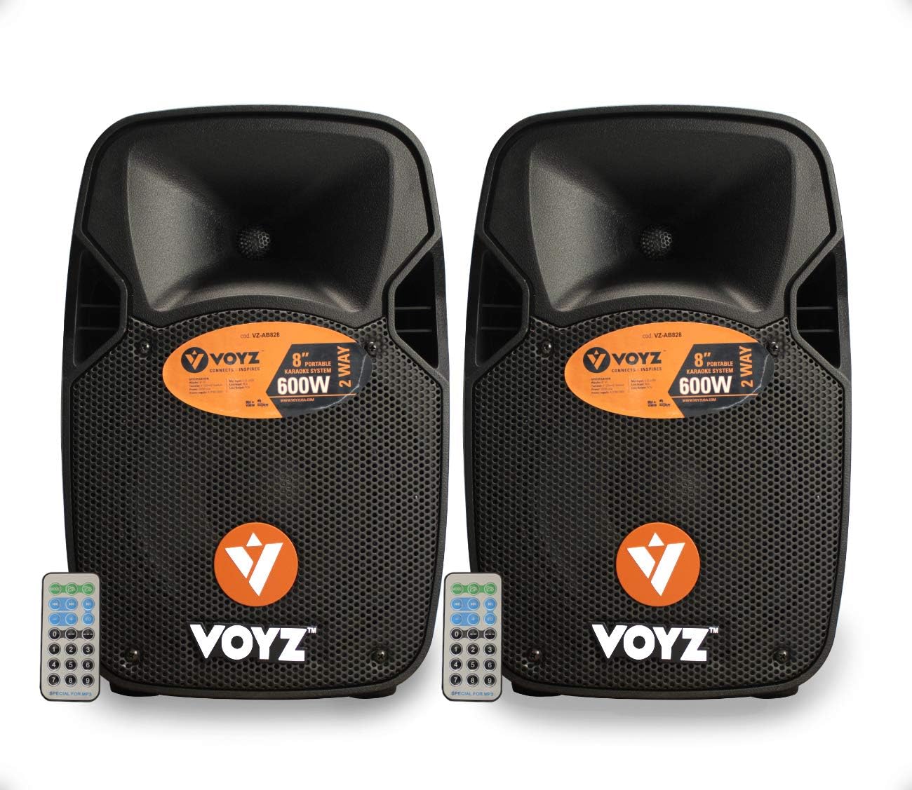 VOYZ True Wireless Bluetooth Speaker Active PA System - 8-Inch 600 Watt 2-Way with FM USB/SD Readers and Remote Control - Dual Pairing Capability - Side Handles for Easy Transportation (2 Pack)