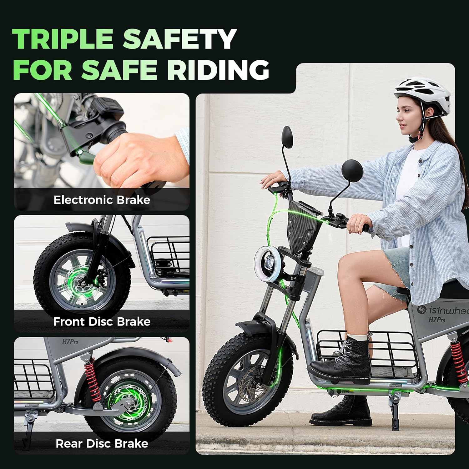 isinwheel Electric Scooter with Seat, 43/28 Miles Range & 38/21 MPH High Speed, 16/14'' Fat Tire Scooter for Adult with Mood Lights, Smart APP & NFC Start, 1200/750W Motor E Scooter