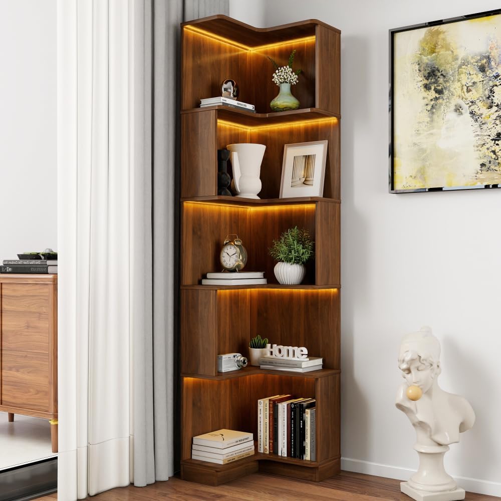 Corner Book Shelf - 5 Tier Corner Bookshelf Bookcase with Baffle, Freestanding L Shaped Display Shelf Stand for Home Office, Living Room, Bedroom, Kitchen