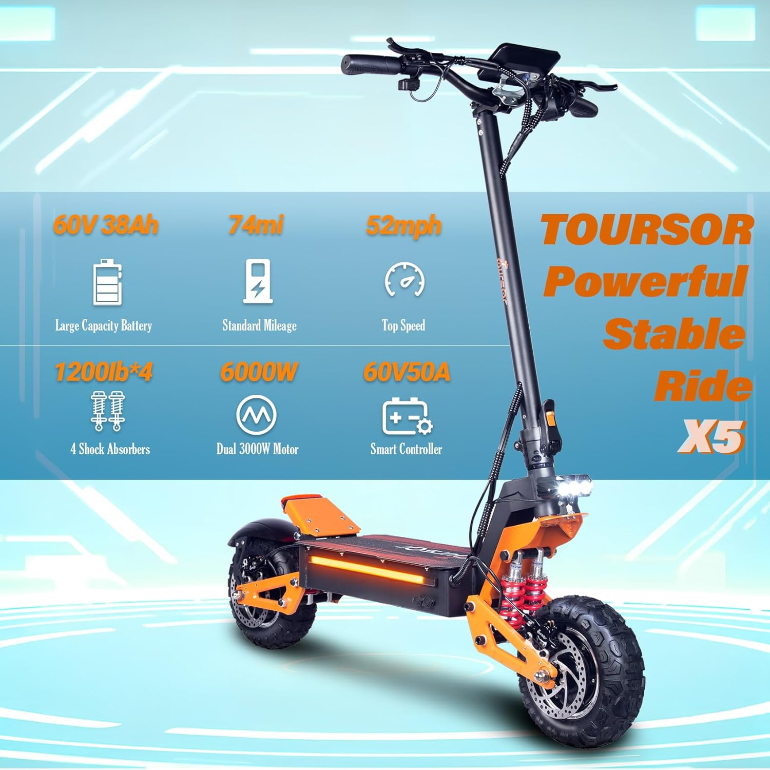 Electric Scooter Adult X5-60V 6000W Dual Motor, Top Speed 52 MPH Distance Traveled 70 Miles, 11