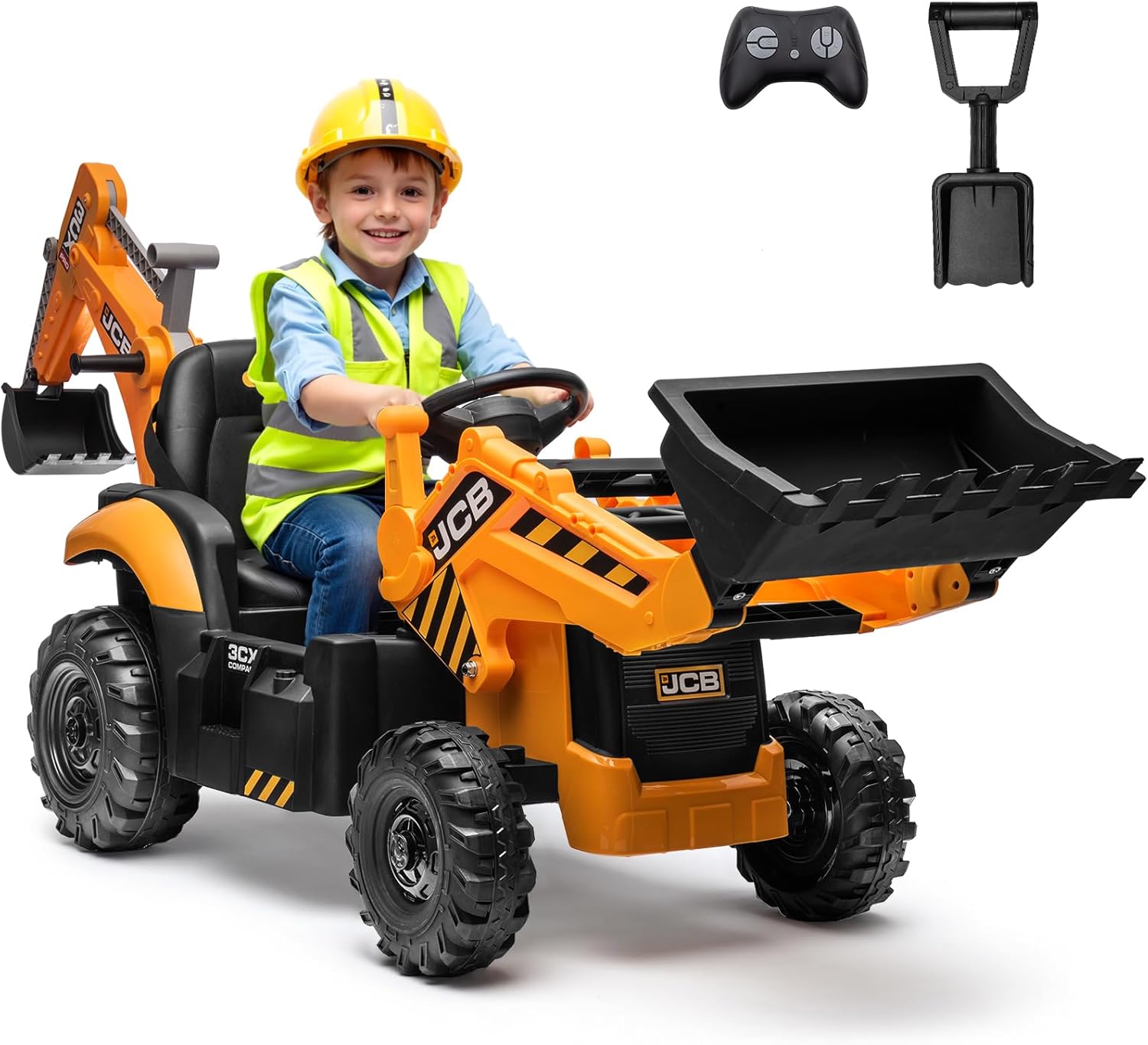 First Ride On JCB 3CX Licensed 24V Excavator Ride On Toys for Kids, Backhoe Digger Toy with Reversible Seat, Removable Front & Rear Arms, Remote Control, Electric Construction Car for Boys Girls (24V)