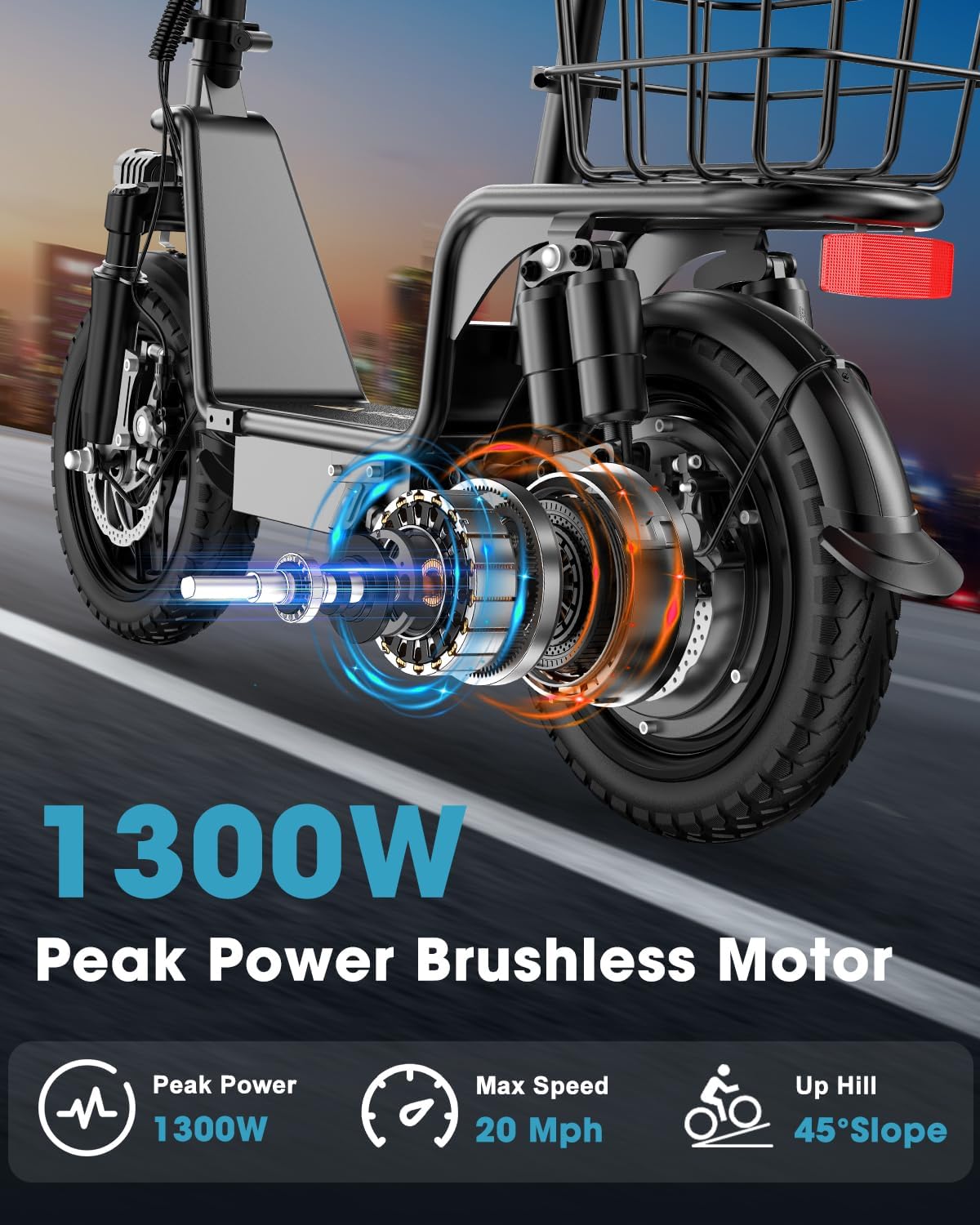 Peak 900W/1300W Electric Scooter for Adults with Seat, 48V 10.4Ah/13Ah Li Battery, 28-35 Miles Range eScooter, 20MPH Commuter E Scooter with Basket, Max 330LBS, UL2849 Certified, C14 PRO