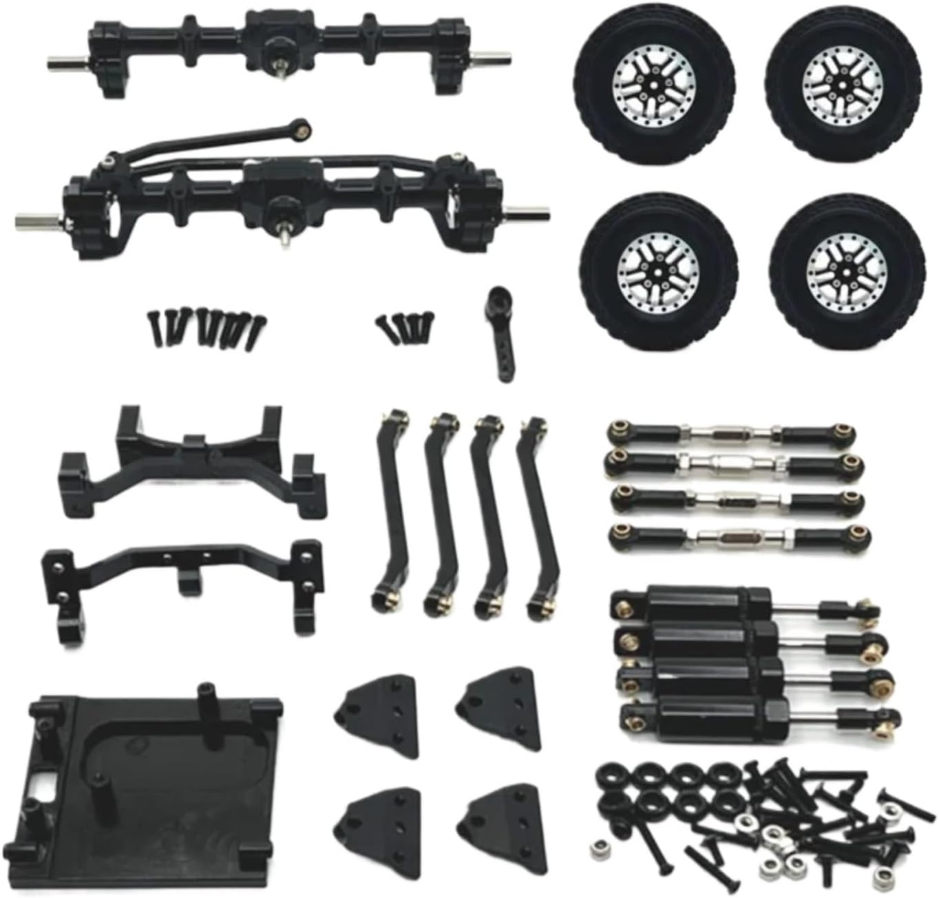 RC Car Parts for MN99S 1/12 RC Car Upgrade Parts Metal Front and Rear Portal Axle for Chassis Link Rod Pull Rod Mount Shock Absorber Tire Set(Black)