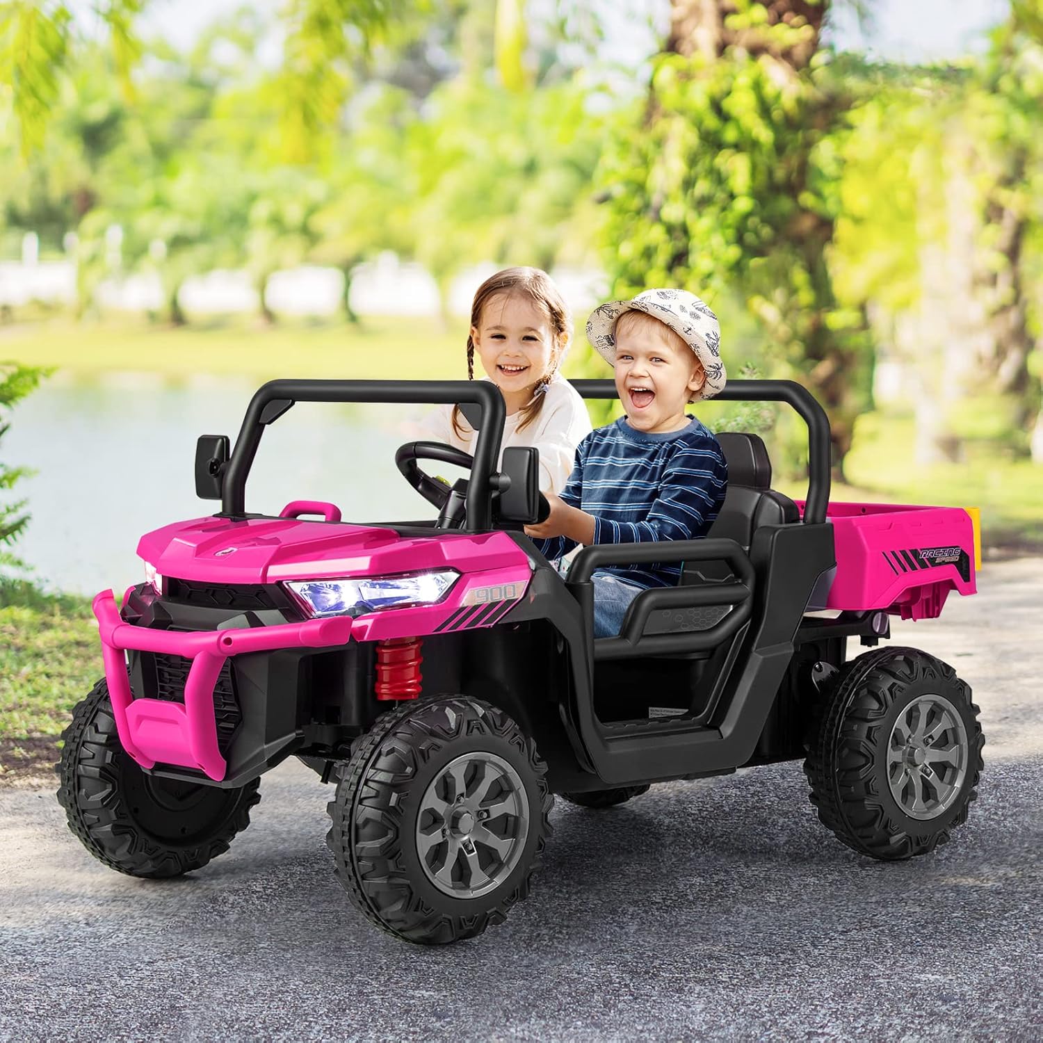 OLAKIDS 2 Seater Ride On Car, 12V Off-Road UTV Electric Vehicle with Remote Control, Dump Bed, Extra Shovel, Music, USB, AUX, Rocking Function, Kids Toddlers Battery Powered Truck (Rose)