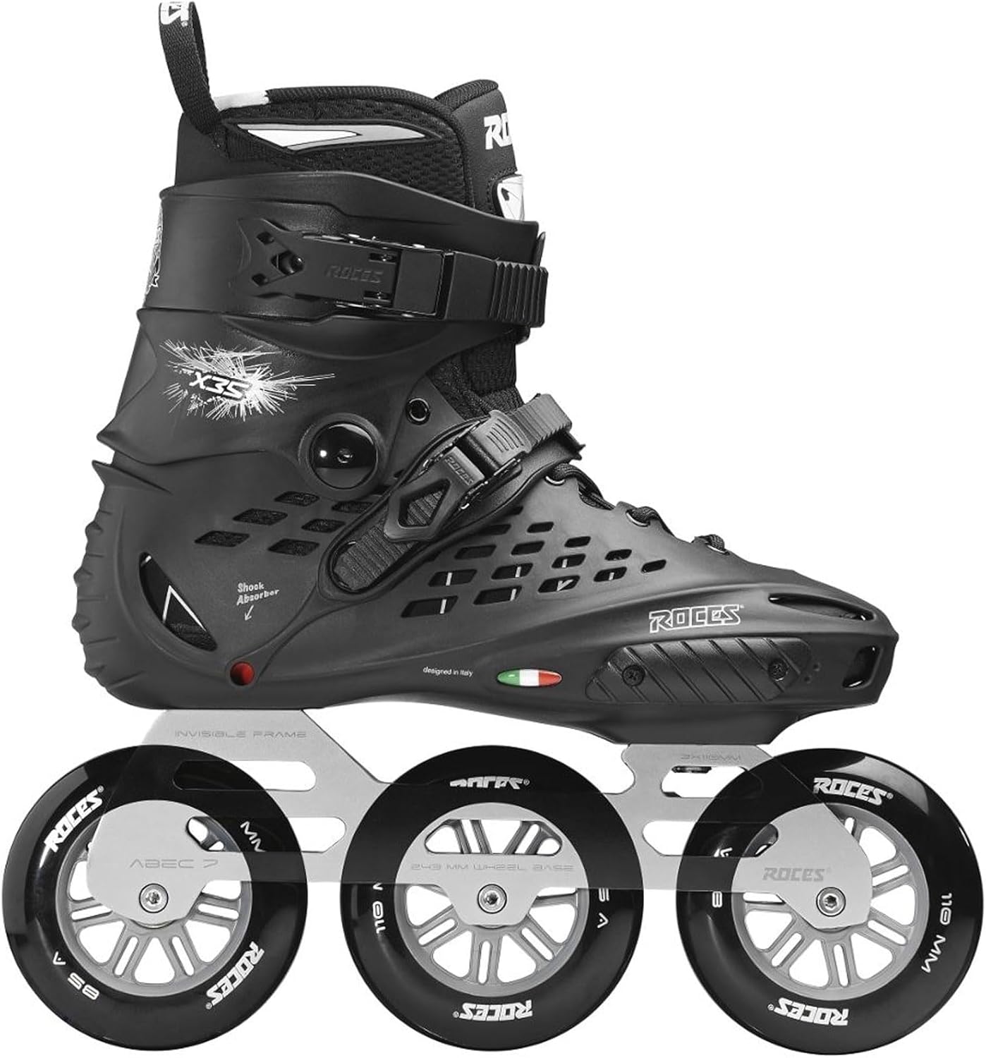 ROCES Men's X35 3X110 TIF Durable Adjustable Maneuverable Outdoor Urban 3 Wheel Freestyle Hard-Boot Inline Racing Skates with Secure Closure System & Invisible Frame,Black/Silver, 13