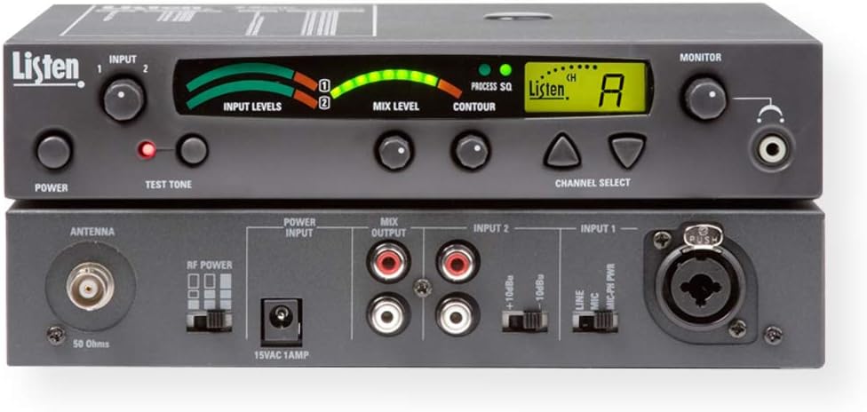Listen Technologies LT-800-072-01 Stationary 72 MHz RF Transmitter, LCD Display, Channel Lock Status Information, Built-in Auto Processor, 57 Selectable Channels, VU Level Meter, Dark Gray