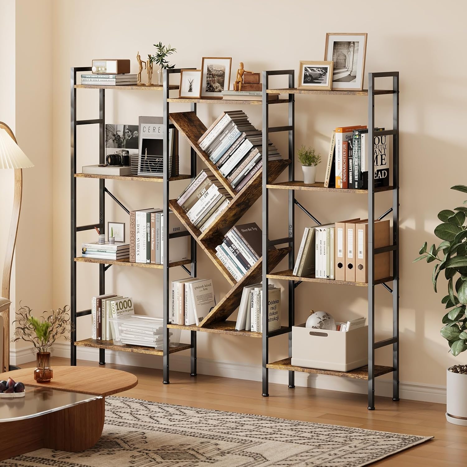 MilleLoom Triple 4 Tier Bookshelf, Metal and Wood Bookcase with 14 Open Display Shelves, Modern Industrial Wide Book Shelf for Living Room, Bedroom, Home Office, Rustic Brown