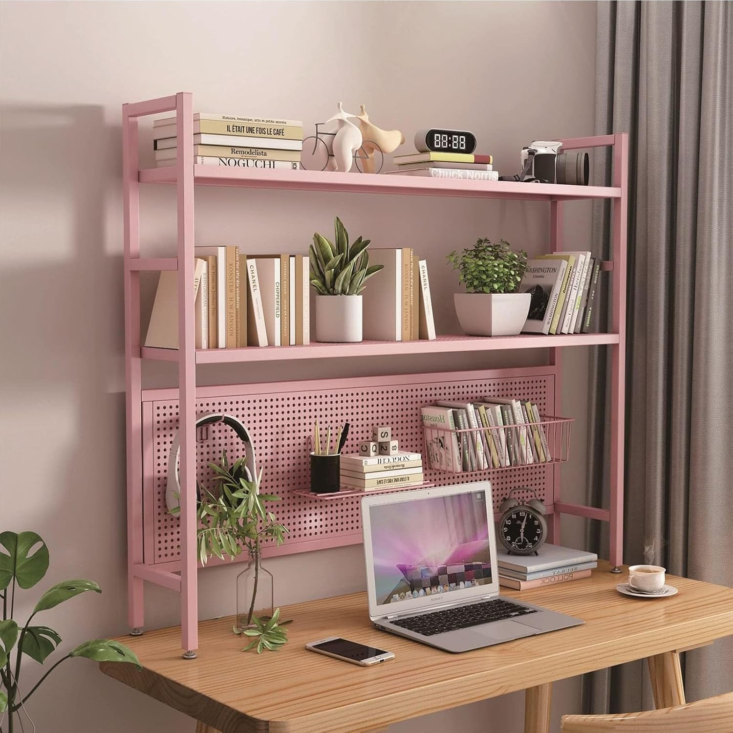 2 Tier Desktop Bookshelf / Bookcase - Computer Desk Bookshelf Hutch, Office Storage Rack, Multipurpose Wood Countertop Hutch Bookshelf, Adjustable Display Shelf Rack Organizer, for Dorm Office ( Color