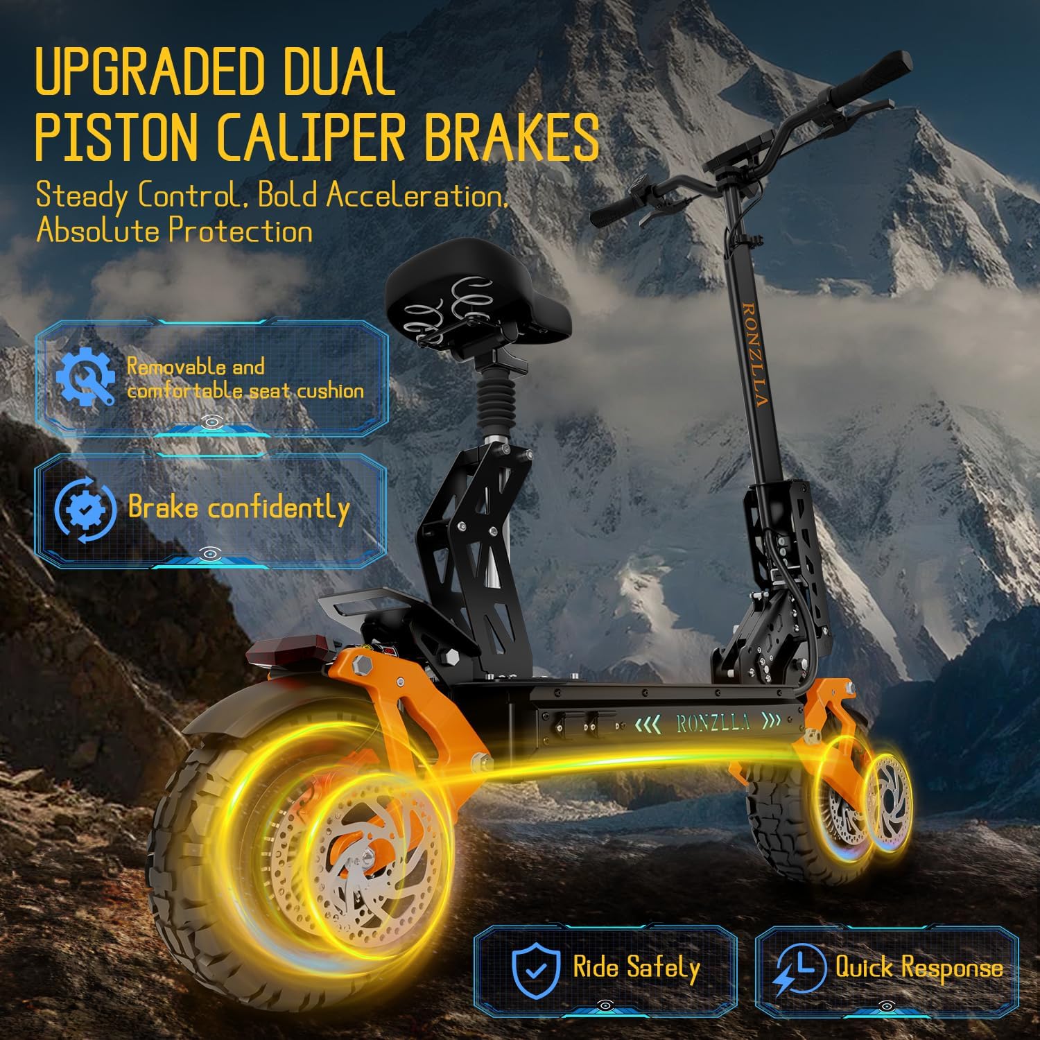 Fast Electric Scooter RZ2, 50 MPH High Speed Off Road E Scooter with 5600w Dual Motor 60 Mile Long Range & Seat for Adults