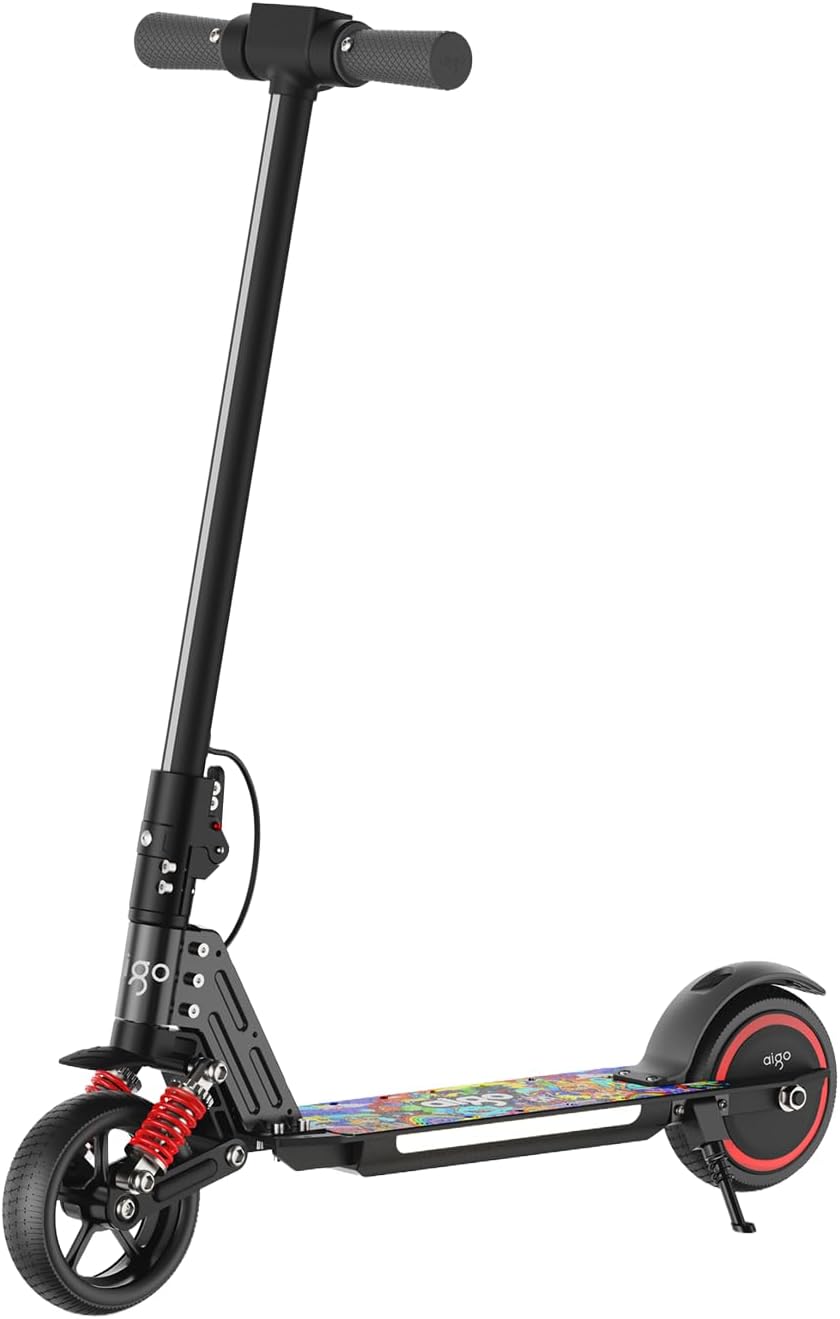aigo E3 Kids Electric Scooter - Front Suspension, Max 3-5 Miles Long Range, Powerful 130W Motor, Multi-Color RGB Light Deck and Rainbow Headlight, 154lbs Weight Safety Tested to UL 2272