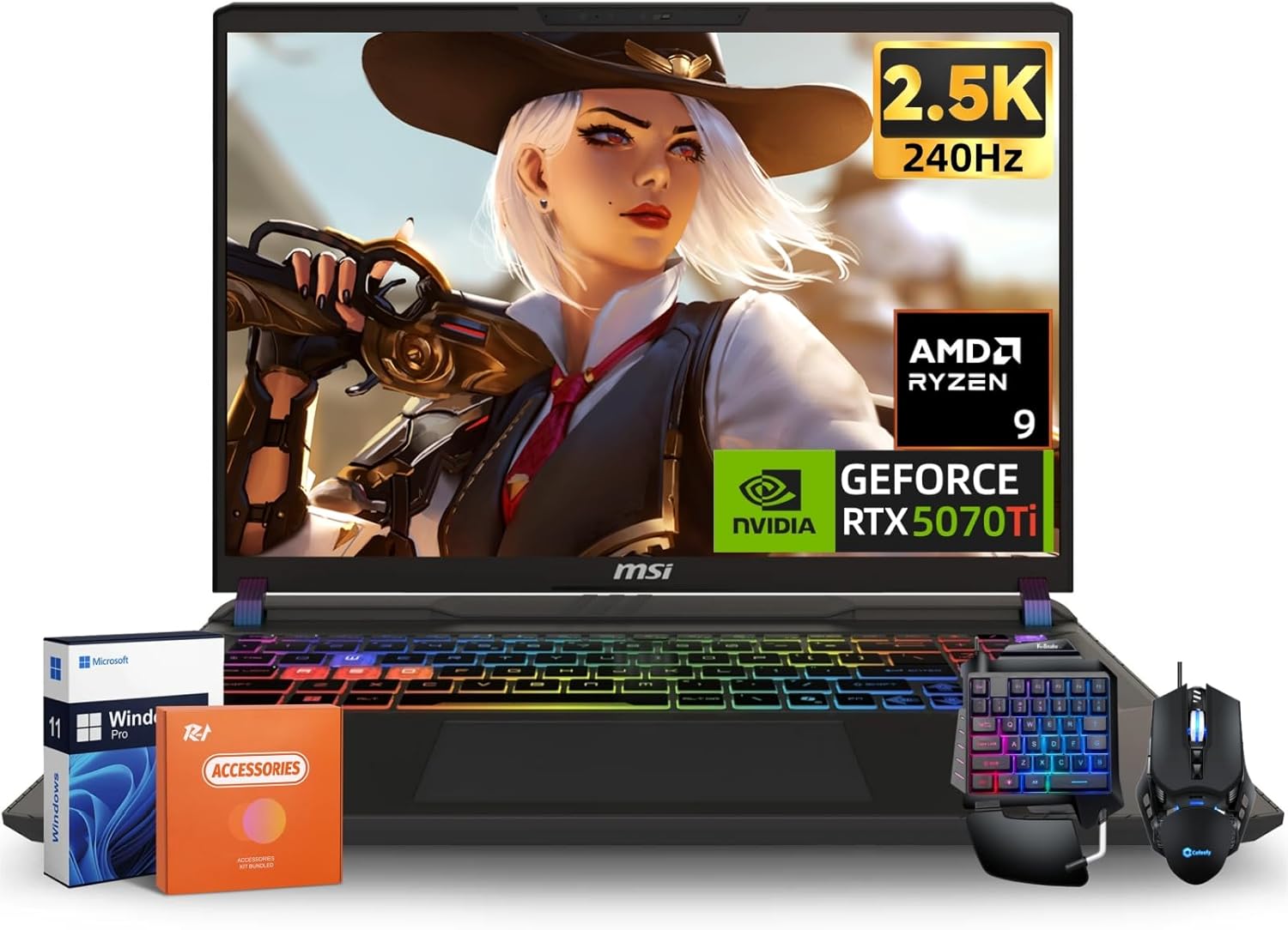 MSI Vector 16 Gaming Laptop, AMD Ryzen 9 8940HX (Max 5.3GHz), NVIDIA RTX 5070Ti 12GB GDDR7, 16 inch 2.5K QHD+ 240Hz LCD Display, RGB Backlit Keyboard, 64 GB DDR5, 4 TB SSD, Windows 11 Pro, Accessories