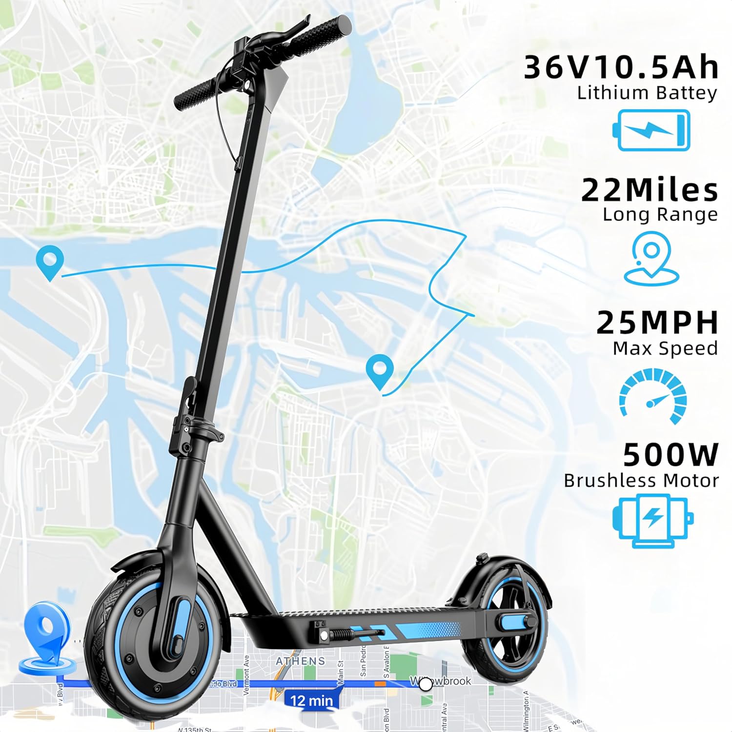 Electric Scooter Adults, 500W Motor E-Scooter, 25 MPH Top Speed and 22 Miles Range, Foldable Escooter with Dual Braking and App Control