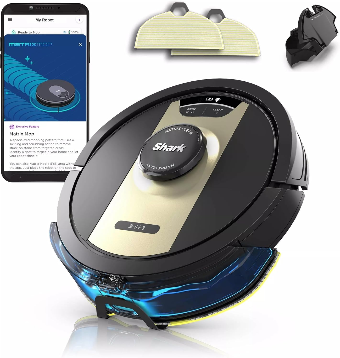SHARK Shark RV2410WD IQ 2-in-1 Robot Vacuum & Mop with Matrix Clean & Sonic Mopping, Perfect for Pet Hair, Carpets, Hard Floors, Compatible with Alexa, Black/Gold, No Self-Empty Base (Renewed)