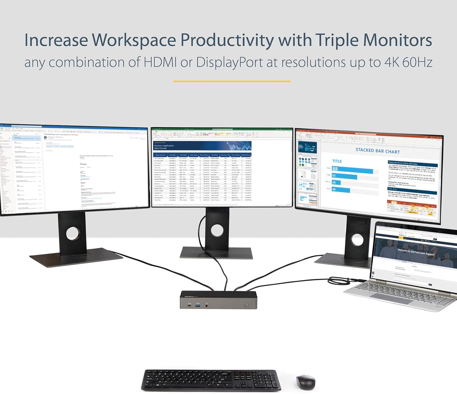 StarTech.com USB-C / USB-A Hybrid Docking Station for MacBook Pro / Air M1 M2 M3 M4 & Windows, Universal Triple 4K 60Hz HDMI DP Dock, Thunderbolt Compatible, 85W Laptop Charging - TAA, Black & Gray