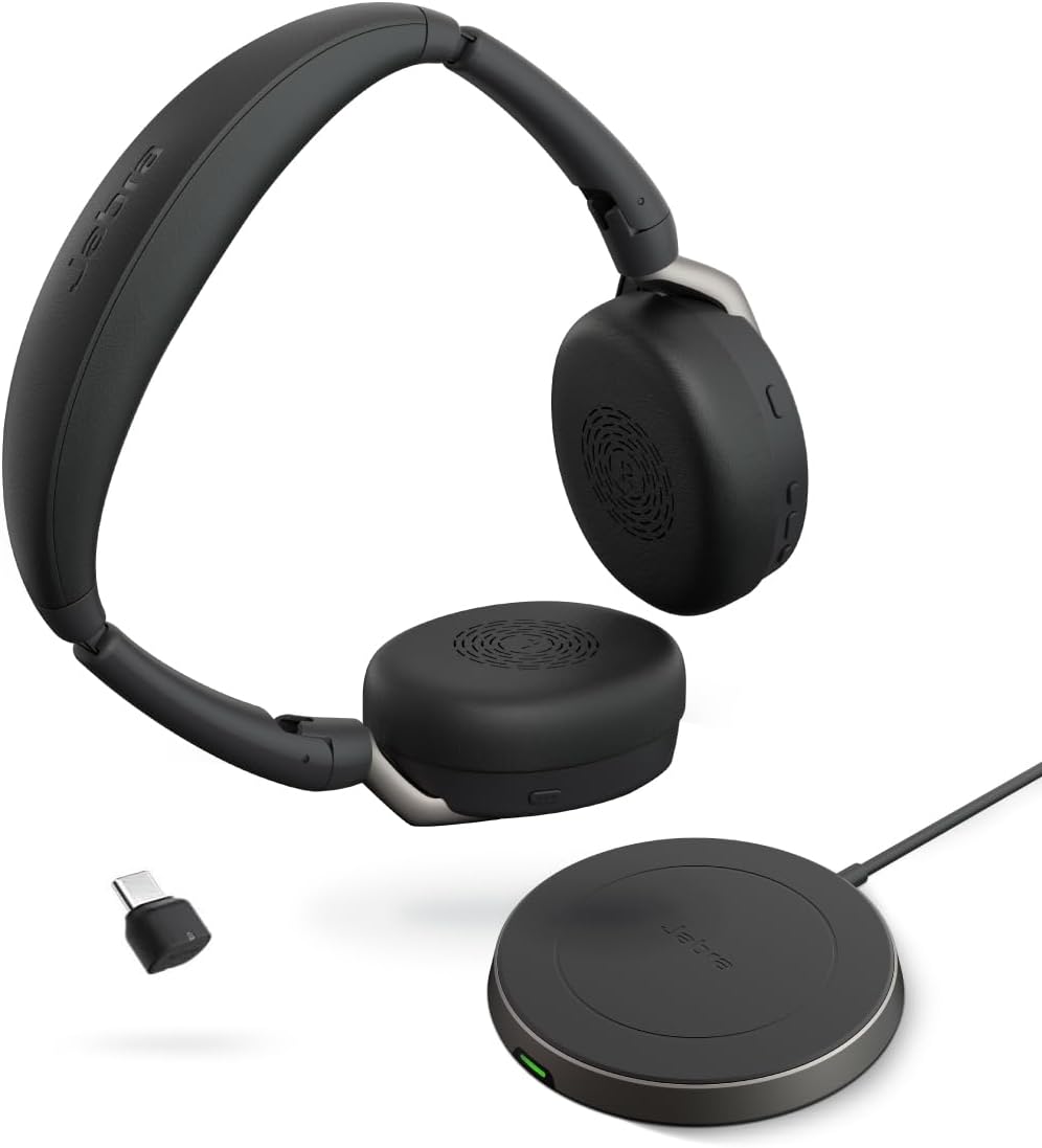 Jabra Evolve2 65 Flex Stereo Headset with Bluetooth, Wireless Charging Pad - Noise-Cancelling ClearVoice Technology & Hybrid Active Noise Cancellation - Works with Leading UC Platforms - Black