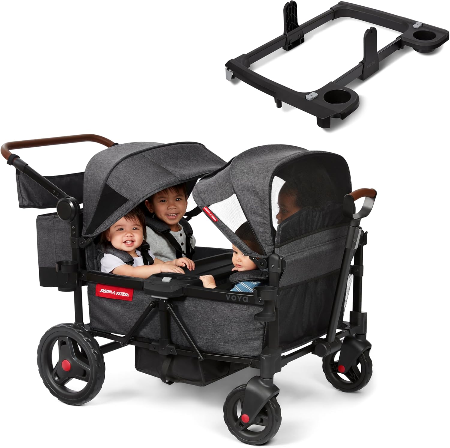Radio Flyer Voya Quad Stroller Wagon and Graco Car Seat Adapter Bundle, 4-Seater Collapsible Wagon with Low Sides and Adjustable Canopies, Gray