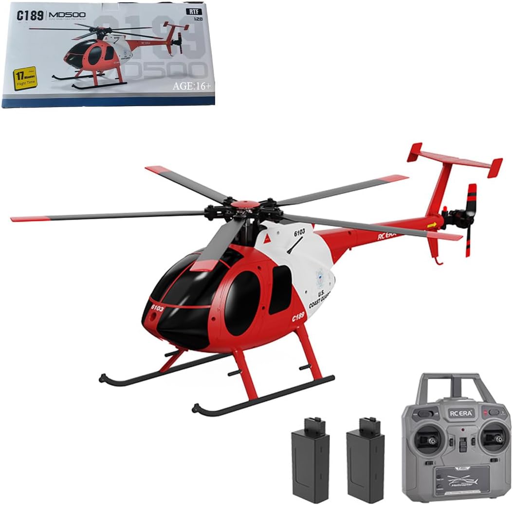 C189 MD500 Remote Control Helicopter, 1/28 4CH Single-Rotor Helicopter with 6-Axis Gyro and Brushless Motor, 2.4GHz RC Aircraft One Key Take Off/Landing for Adults (Red (2 Batteries)