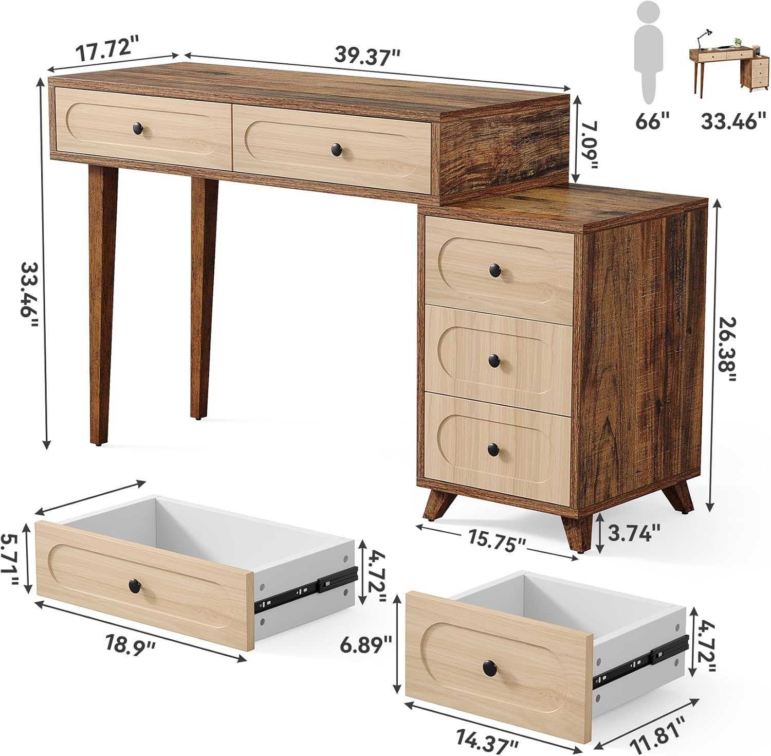 LITTLE TREE 39-Inch Writing Desk with 5 Drawers & Retractable Cabinet, Small Expantable Computer Desk, Vanity Table with Storage, Interchangeable Left and Right, for Small Spaces, Brown