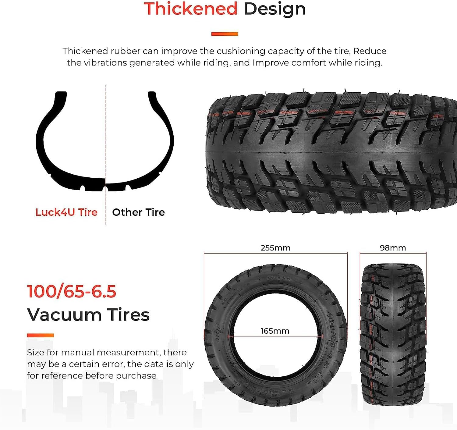 11 Inch Tubeless Electric Scooter Tires - Off-Road, Wider and Thicker 100/65-6.5, Vacuum Tire for Scooter