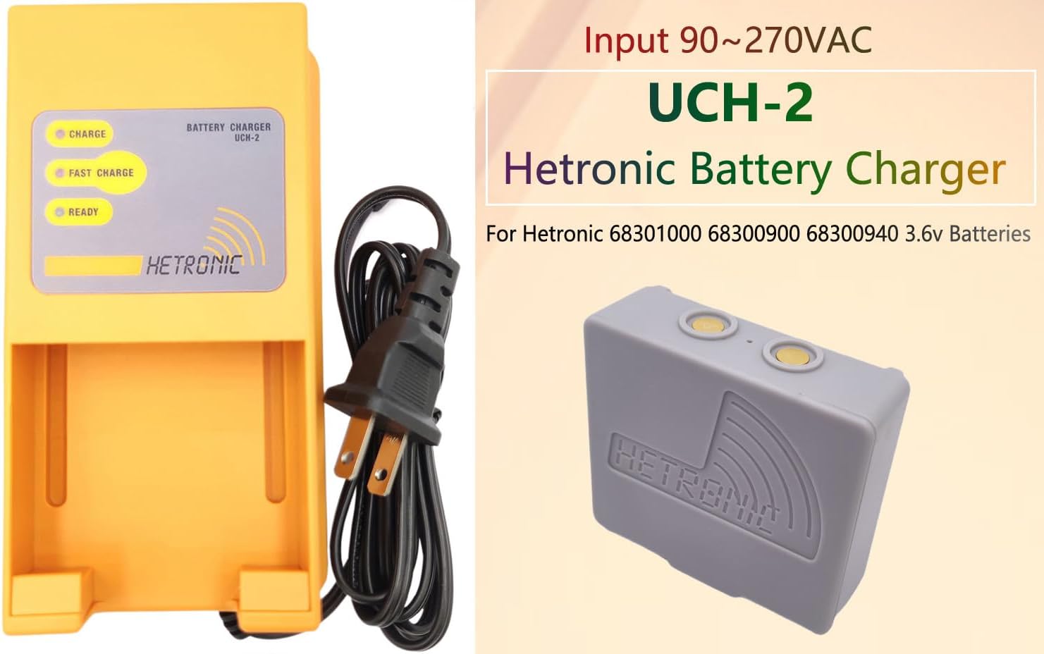 (2*Battery+1*Charger) 68300900 68301000 Battery Charger UCH-2 with 2750mAh 3.6V Hetronic 68301000 Ni-MH Battery Compatible with Hetronic 68300900/68300990 Batteries(Input 90-270VAC, Out 300/780mA)