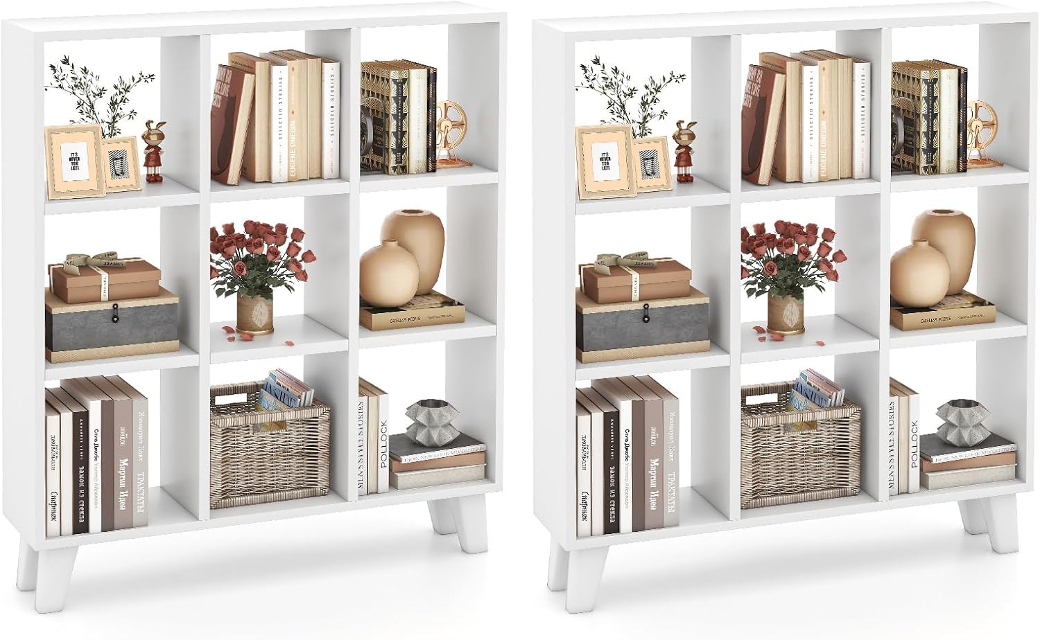 Tangkula 9-Cube Bookcase, Freestanding 3-Tier Bookshelf with 6 Removable Shelves, Open Back DIY Storage Organizer with Raised Support Feet for Living Room Study Office (2, White)