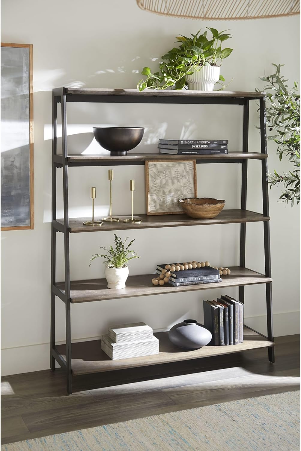 Modus Furniture Finch Wood and Metal Etagere Bookcase in Buckwheat and Antique Bronze - 59