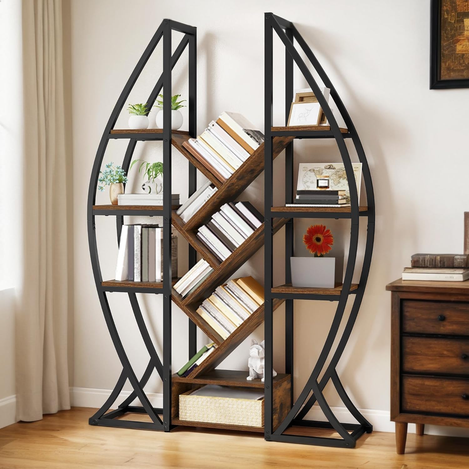 GOOBED Oval Bookshelf, Triple Wide 5 Tier Etagere Bookcase, Industrial Display Shelves Tree Bookshelf for Living Room, Bedroom, Home Office, Rustic Brown