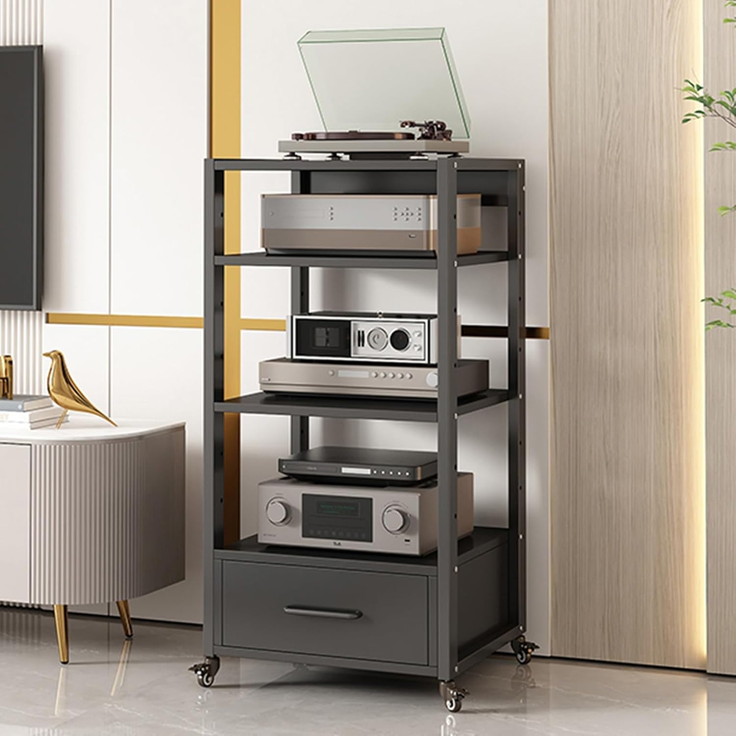 AErosx 5-Tiers Media Component TV Stand with Wheels and Height Adjustable Steel Shelf