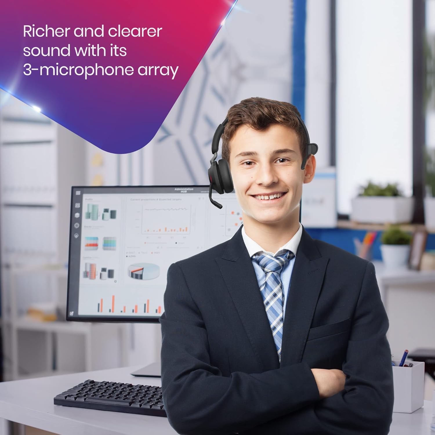 Jabra Evolve2 65 Wireless Headset Certified for MS Teams, Bluetooth Dongle, Compatible with Zoom, Meet, Ideal for Work from Home, Phone Calls, Video Calls, Bundled w/Mobile Wallet, Gold Support