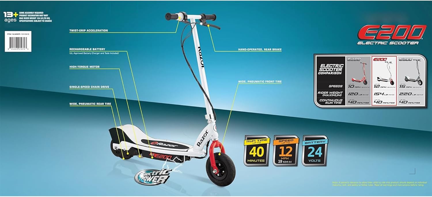 Razor Seated Electric Scooter for Ages 13+, 40-Min Ride Time, Twist-Grip Throttle, Pneumatic Tires, Removable Padded Seat