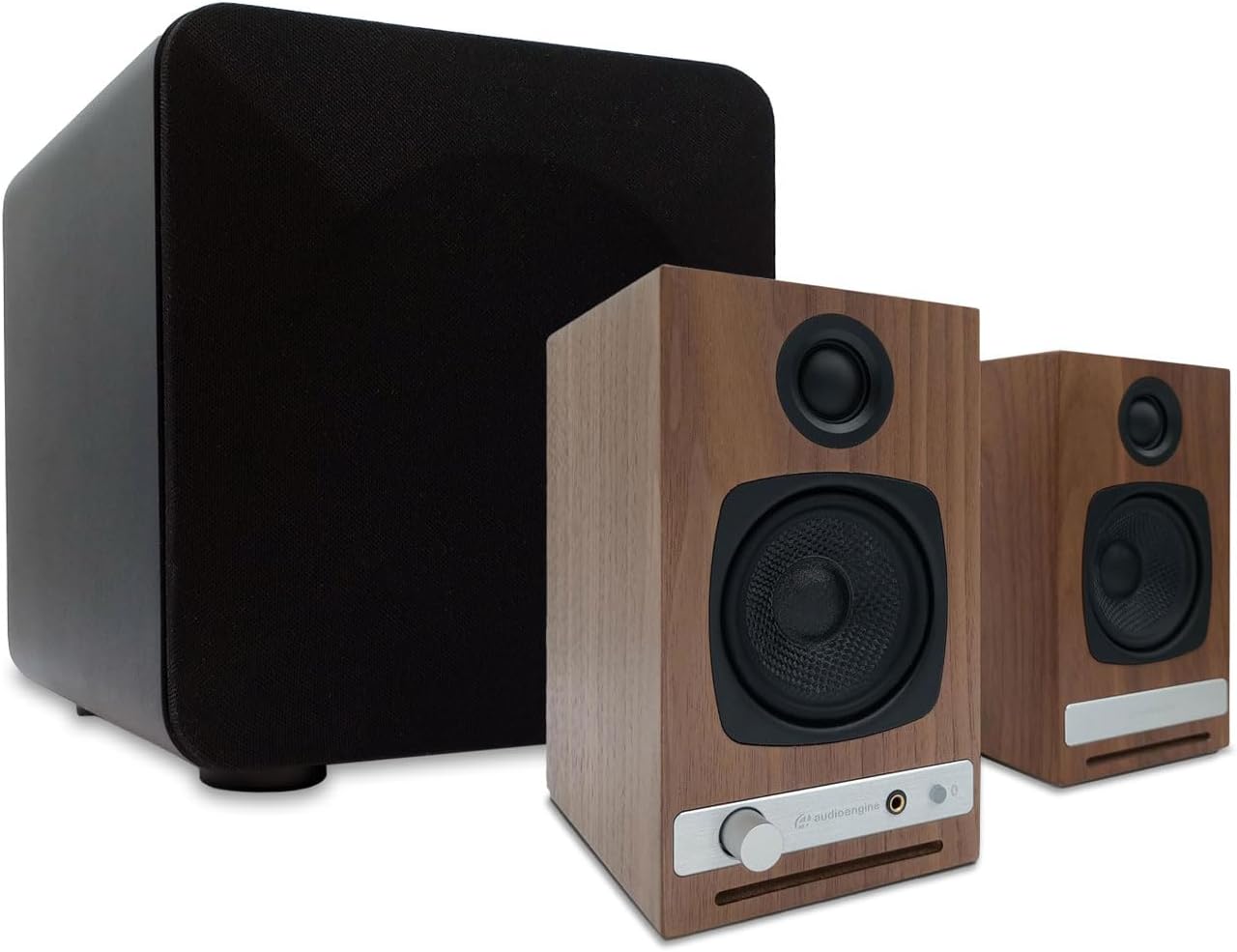 Audioengine A2 HD (HD3) Walnut 60 Watt Pc Speakers for Desktop and S6 Black Subwoofer for Music Gaming Movies Studios Dorms Bedrooms Offices