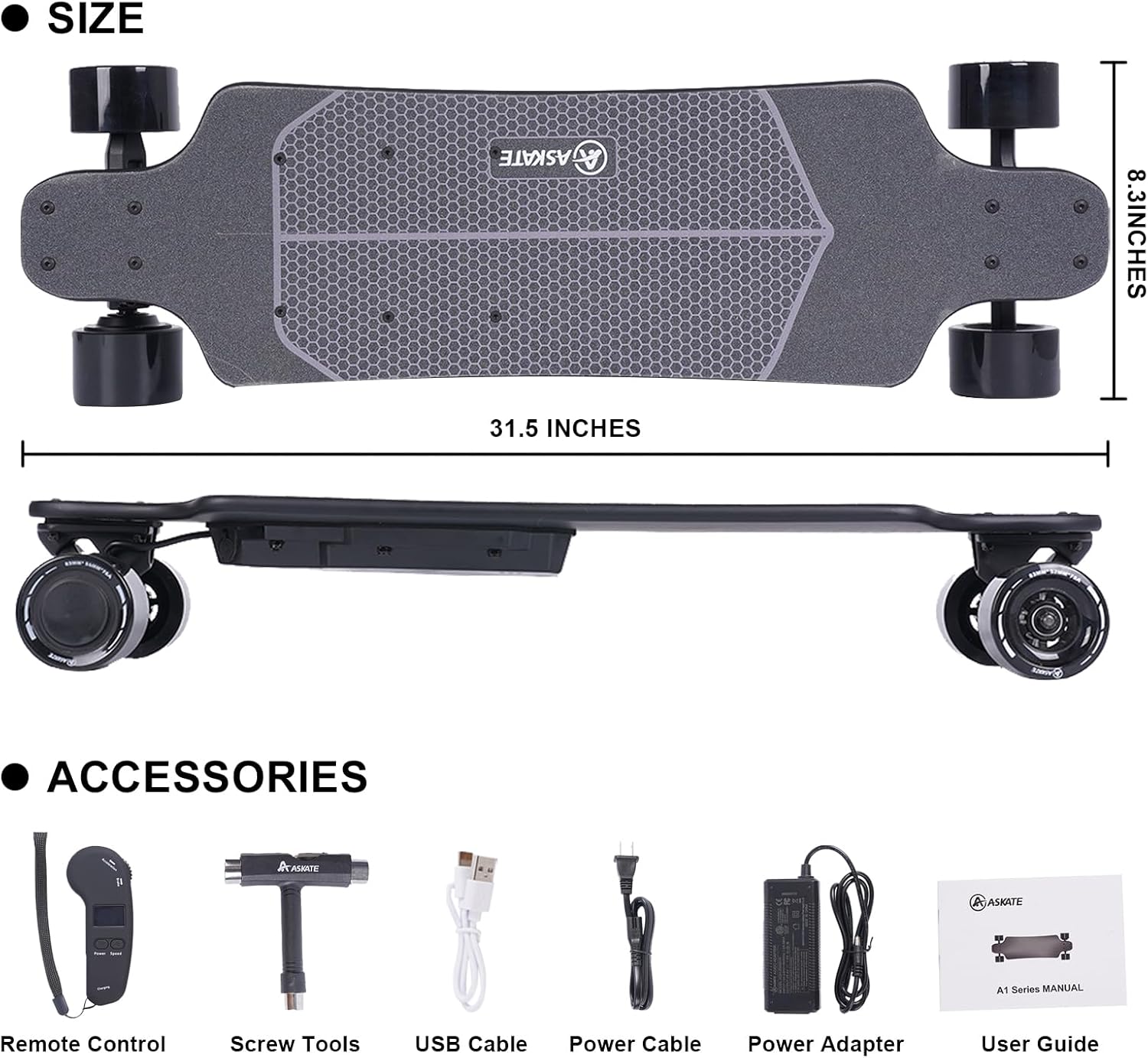 A1 Electric Skateboard with Remote, Rang Up to 17 Miles/24, 8 Ply Canadian Maple, Smooth Breaking, Suitable for Younger Beginners