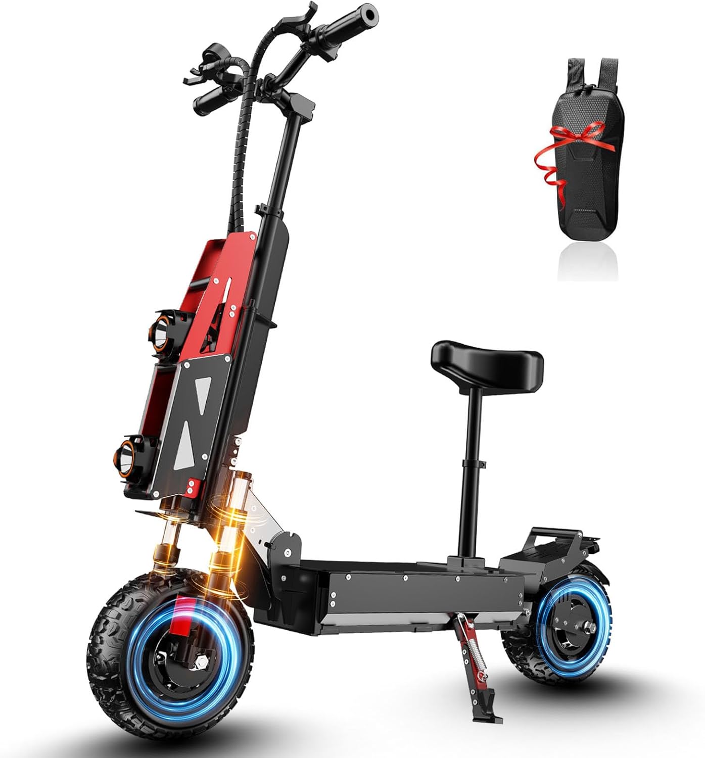 Electric Scooter Adults 60V 6000W Dual Motor Fast Folding Scooter with 3-Speed Variable Top Speed 60 mph Range 55 mph Off-Road 11' Tires with Seat Maximum Load 800 lbs Dual Drive Brakes Commuter Bike