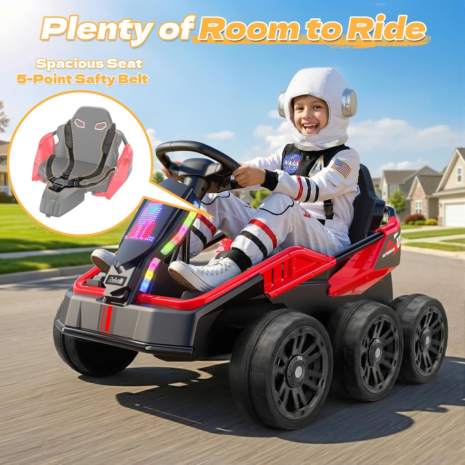 24V Ride on Car for Kids Aged 3-12, No Height Limit, 4WD All-Terrain Ride On with Remote Control, 6-Wheel Stability, Metal Frame Protection, Max 5Mph, LED Display, Bluetooth Music, Red