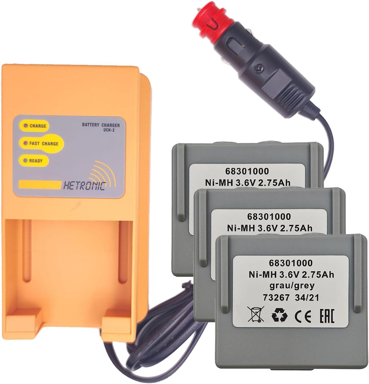 (1 x Charger + 3 x Battery) UCH-2 Battery Charger (Input 10-30VDC Out 300/780mA) with 3.6Volt 68301000 Battery, Hetronic 68301000 Battery with Charger (Car Charger)