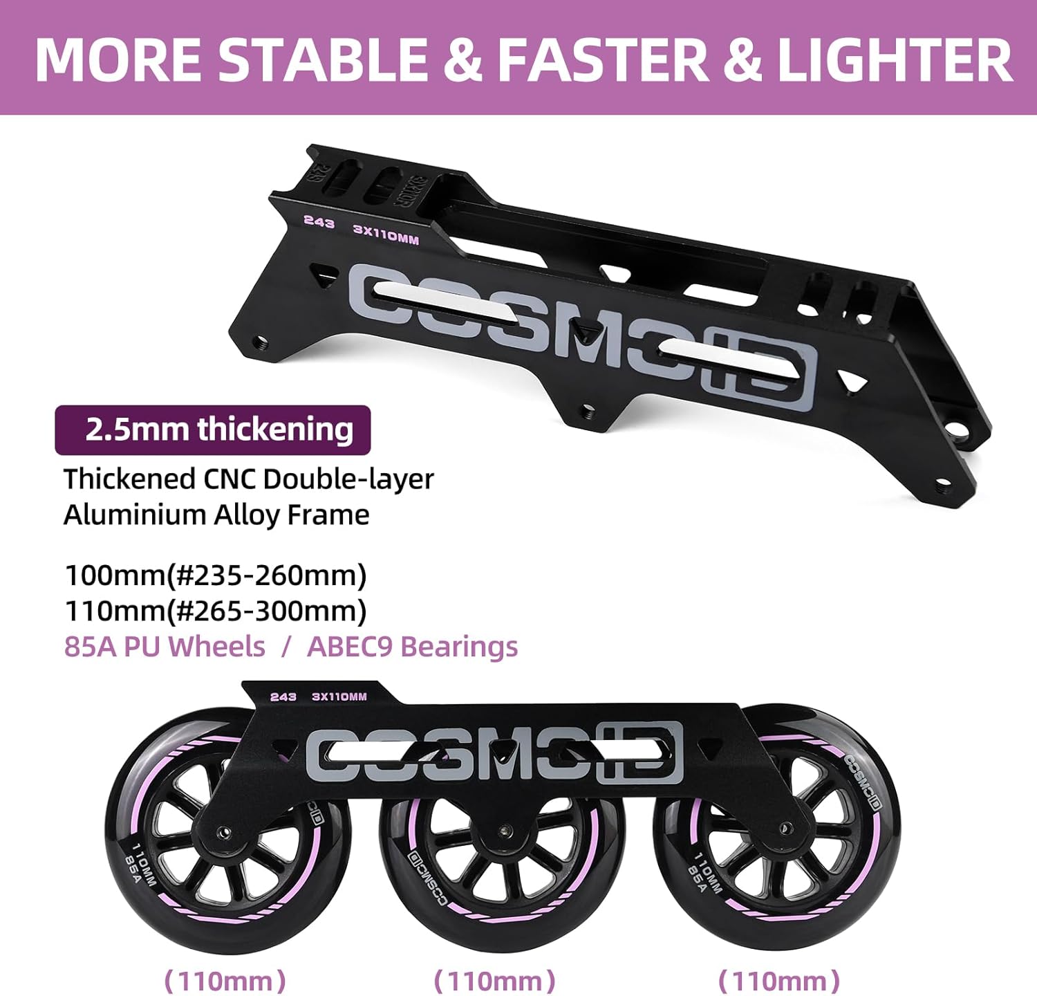 Adult Inline Skate - COSMOID High Performance Roller Skates Blades for Women & Men, 3 Wheels 110mm Metal Frame,Indoor Outdoor and Fitness Black