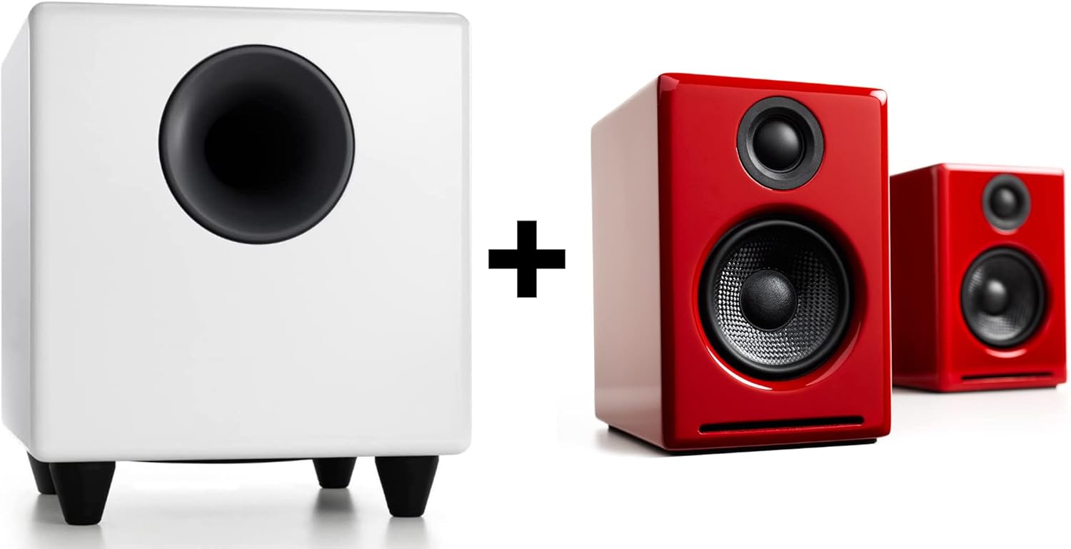 Audioengine A2 Plus Red Wireless Computer Speakers with Subwoofer S8 White