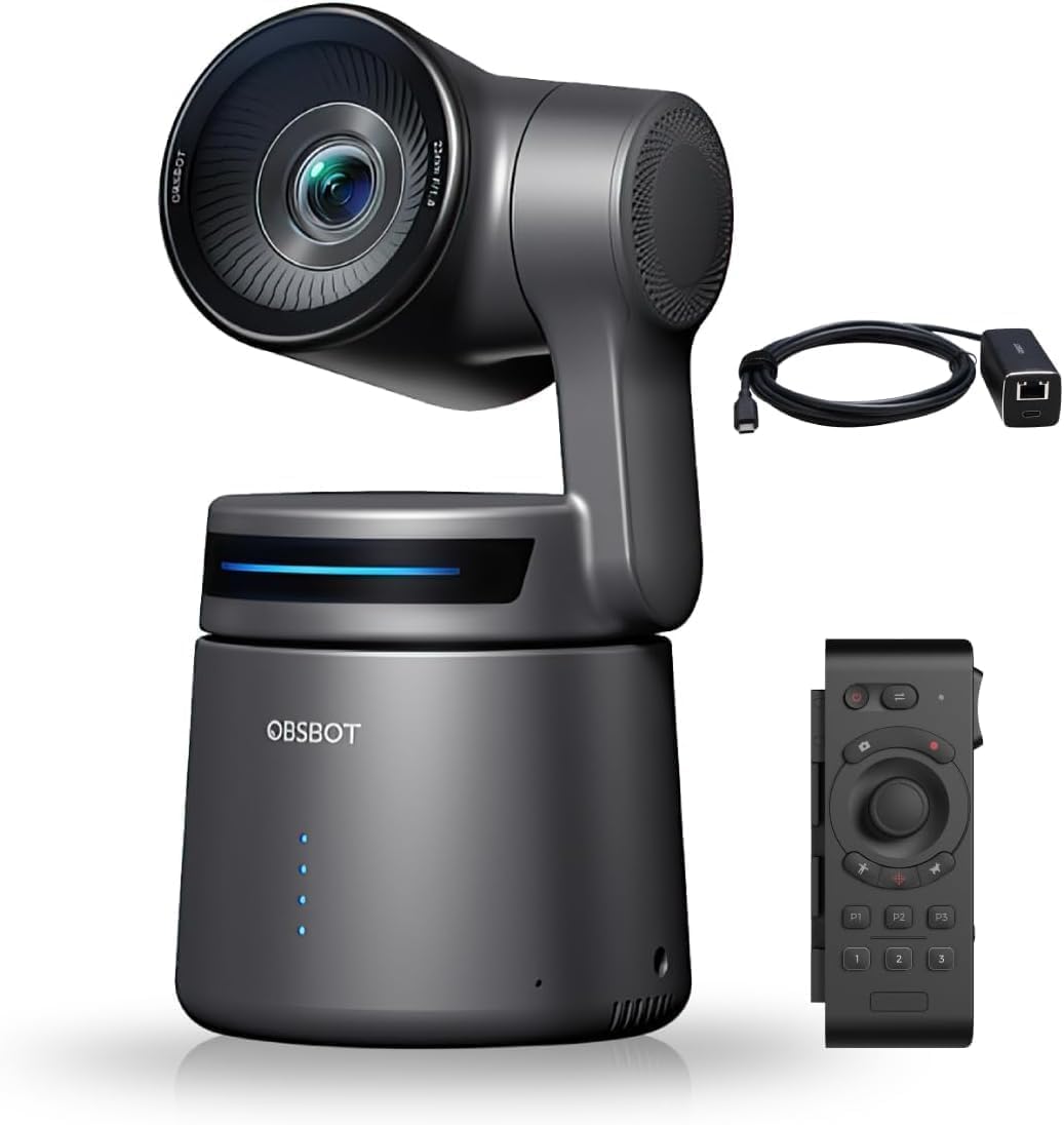OBSBOT Tail Air & Remote Controller & USB-C to Ethernet Adapter, AI Tracking PTZ Camera with APP, Gesture Control, HDMI/USB-C/Wireless Webcam, Video Camera Live Streaming for Church, Worship, Sports