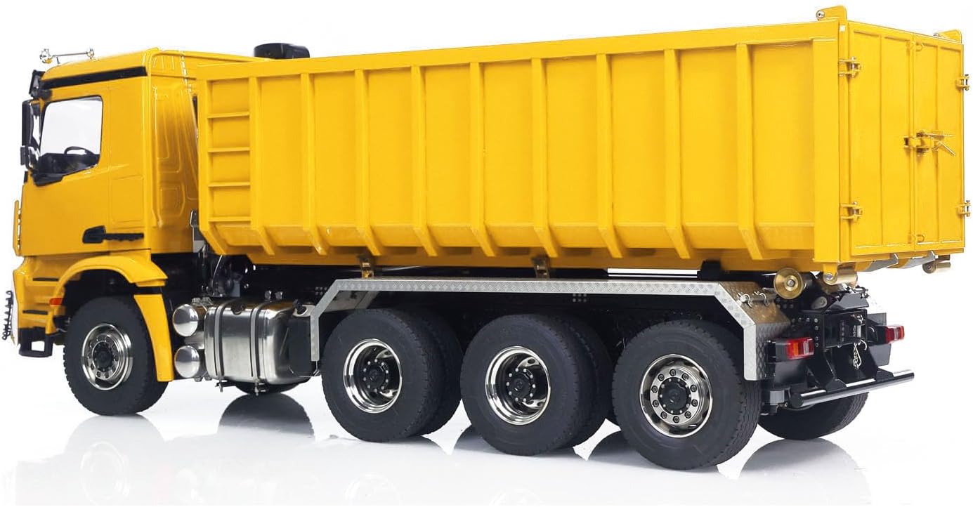 1/14 RC Hydraulic Dumper Truck 8X8 Roll On Off Full Dumper Car Rear Axle Steering Light Sound I6S Radio Controller(Yellow)
