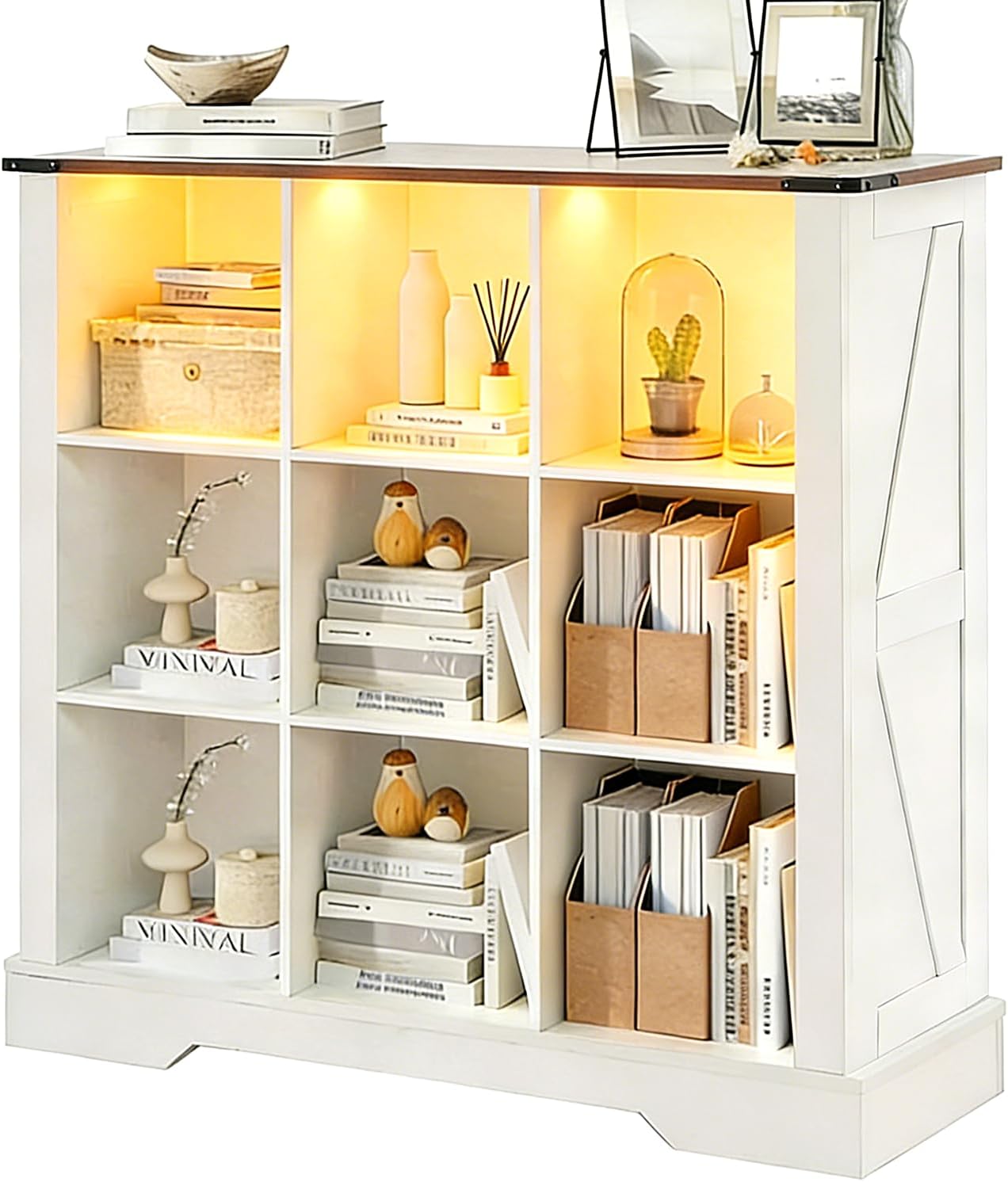 9 Cube Storage Organizer, 3 Tier Book Shelf with Led Lights, Farmhouse Book Shelves for Living Room, Horizontal Toy Storage Bookshelf, Wood Display Bookcase Cabinet for Bedroom, Office, White