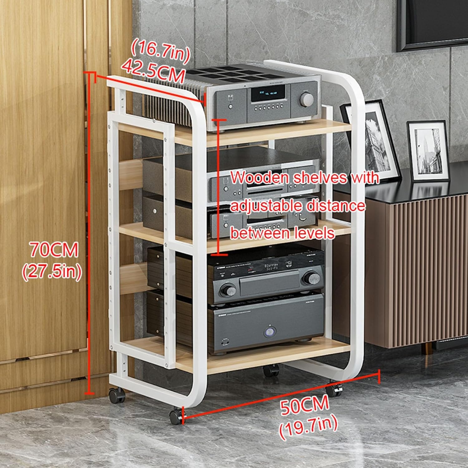 3/4/5-Tier Movable AV Media Stand CD Player Stand Stereo Component Storage Cabinet Audio Rack Tower with Height Adjustable Wooden Shelf for Home/Office/Theater (Color : White