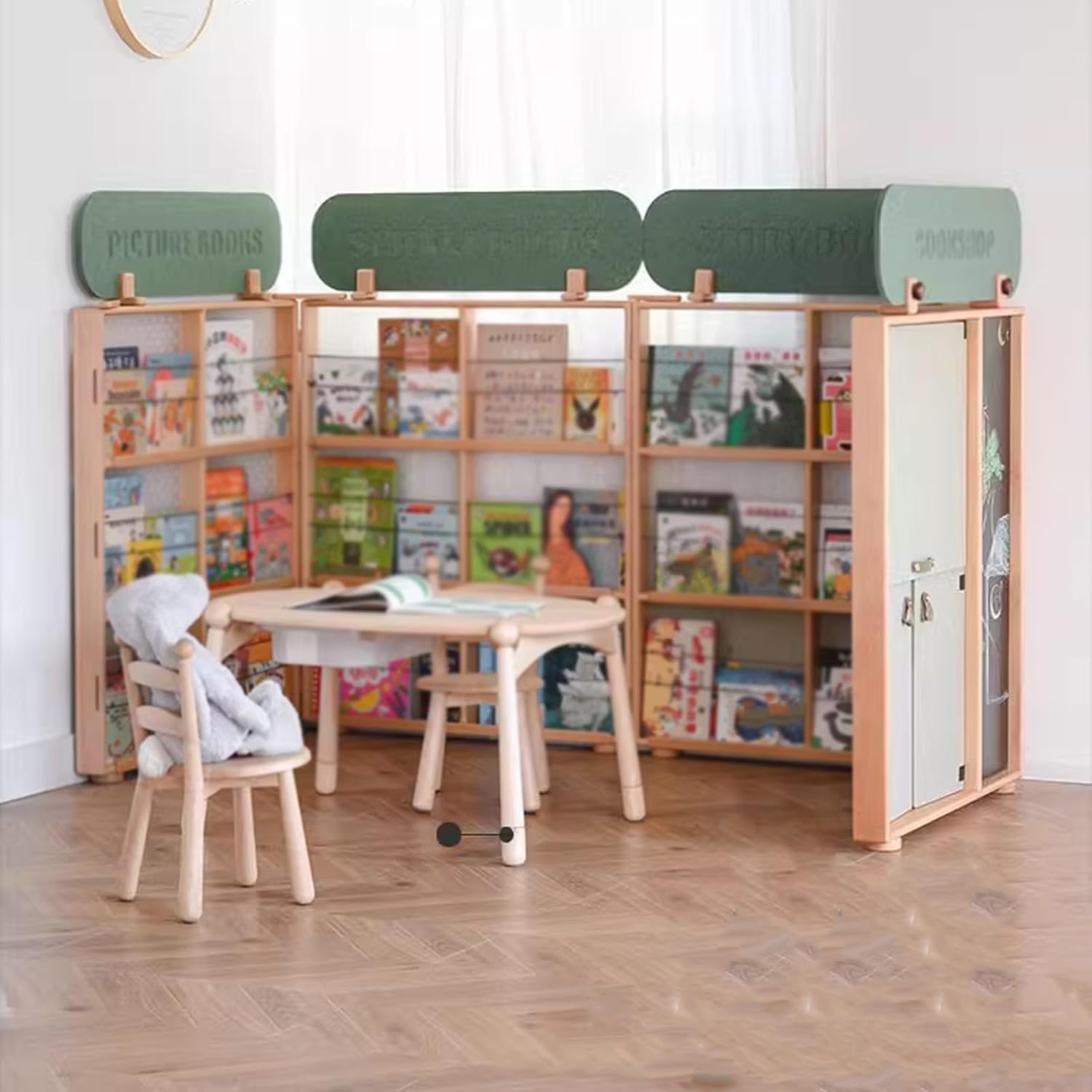 Bookshelf with Doors with Storage 3 Tier, Corner Bookshelf Wood Book Shelf for Bedroom, Book Display Stand with Small Footprint for Home Living Room 4 Modes