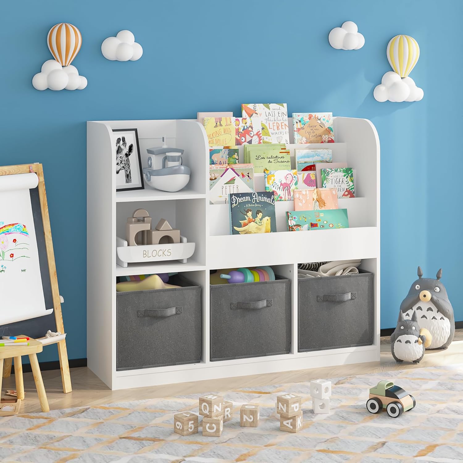 DiMorture Kids Bookshelf with 3 Collapsible Fabric Drawers, Wooden Montessori Kids Book Shelf Book Rack Storage Organizer Display Shelf for Room Playroom Nursery Class,White+Grey
