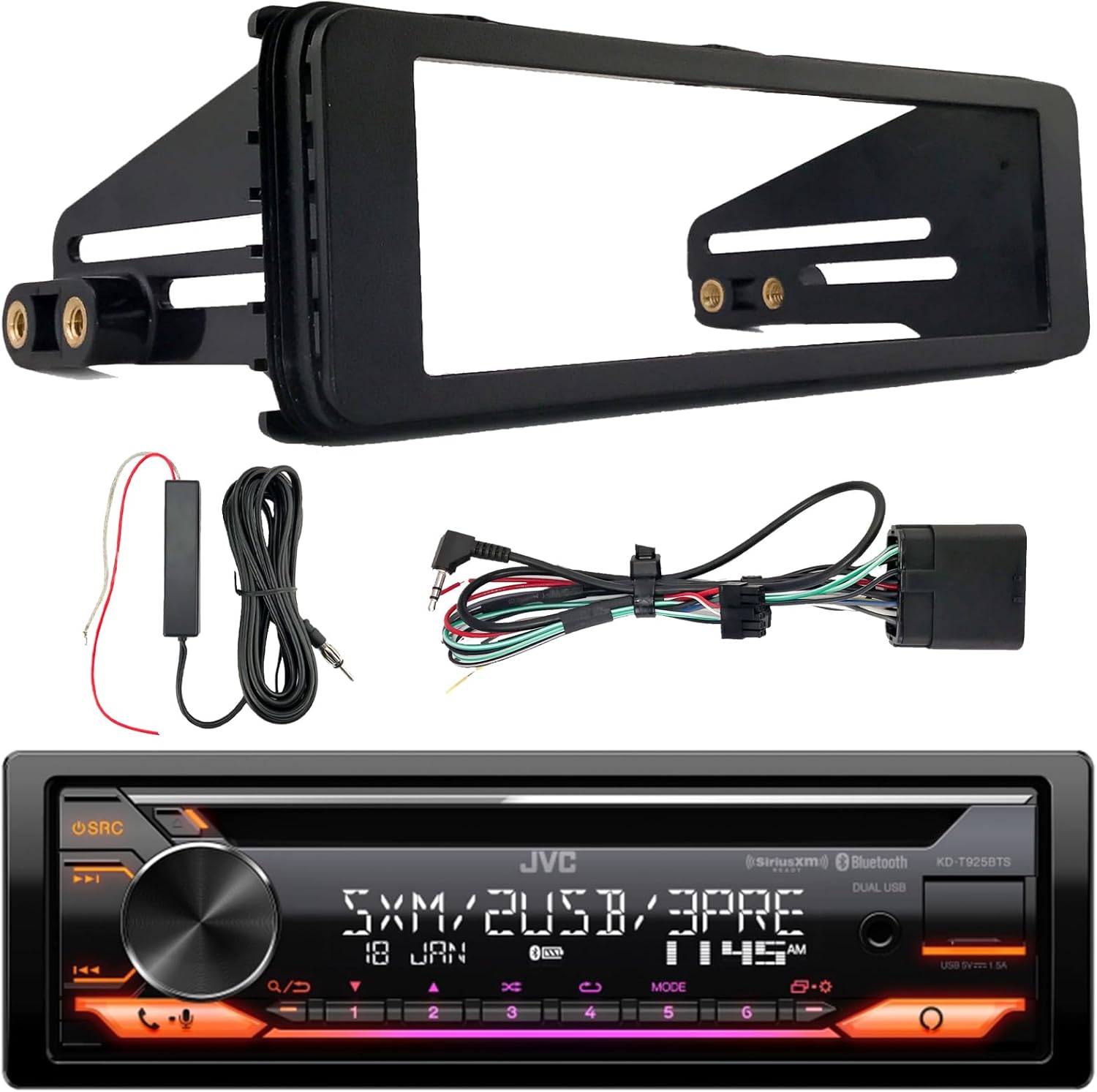 JVC KD-T925BTS Single DIN Bluetooth USB/AUX LED/CD AM/FM SiriusXM Ready Stereo Amazon Alexa Receiver W/Stereo Installation Kit