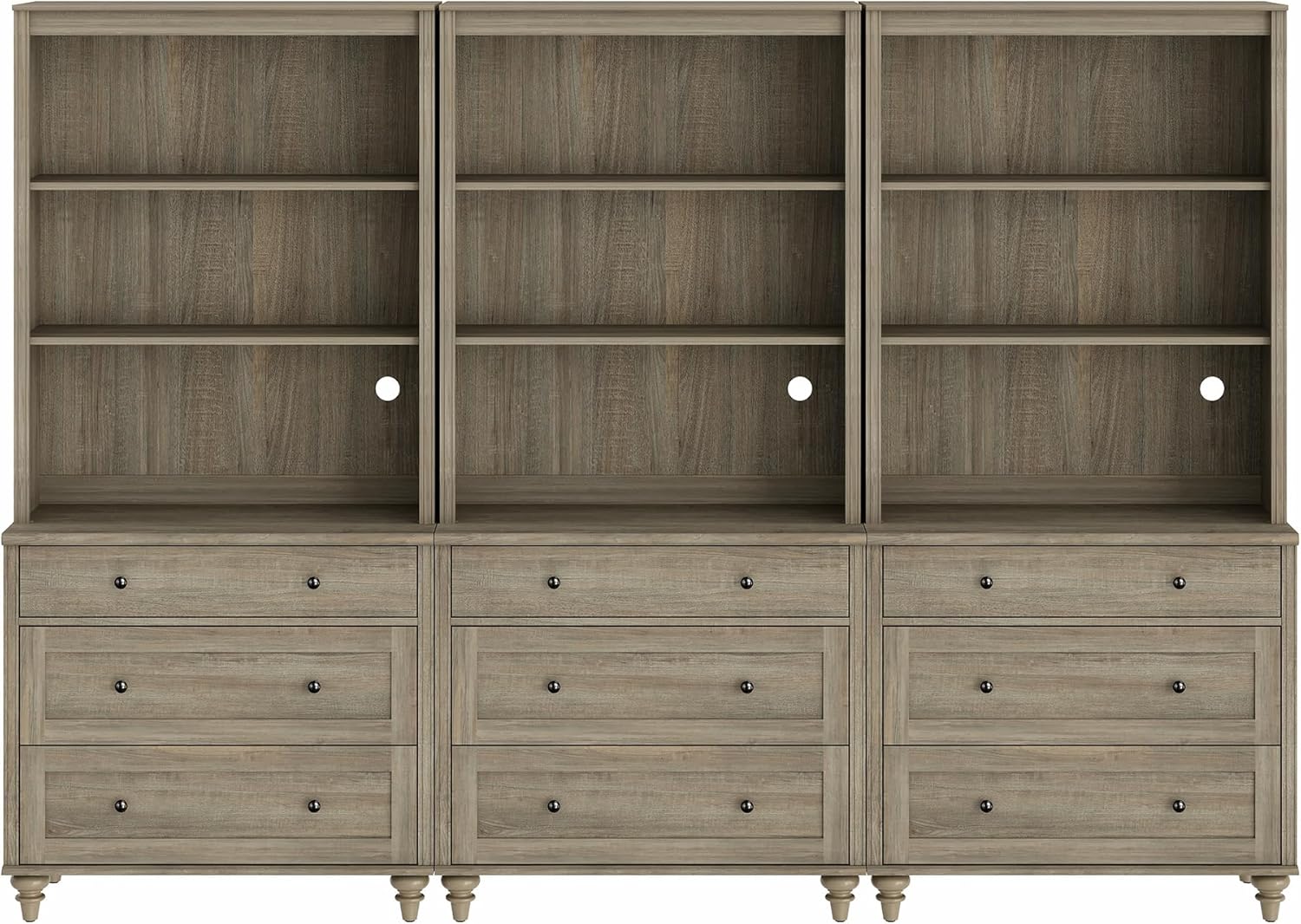 WAMPAT Gray Wash Bookcase with 3 Drawers Set of 3, Tall Book Case with 3-Tier Open Book Shelfs, Large Wood Bookcases Farmhouse Bookshelves for Living Room Bedroom Home Office Kitchen, 72''