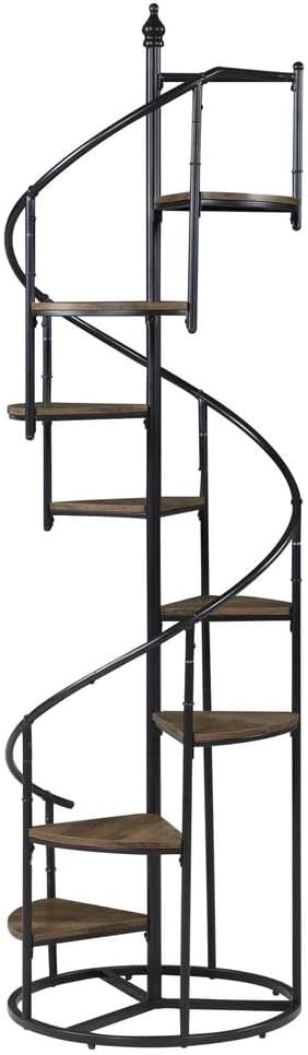 Elegant 8-Shelf Spiral Staircase Bookcase in Rustic Brown and Black by FurniFact