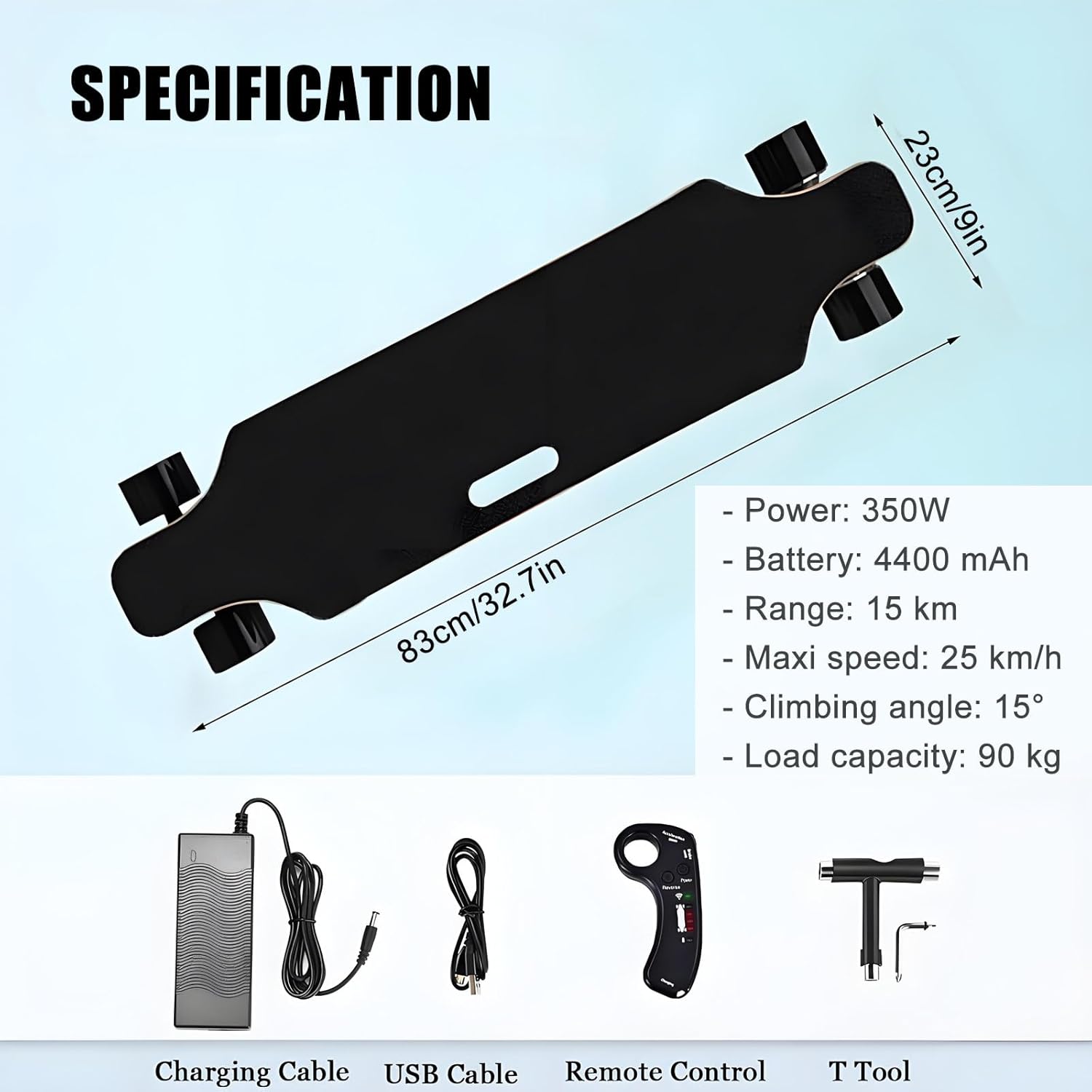 All-Terrain Electric Longboard Skateboard with Remote, 25km (15.6mph) W/4400mah Battery 8km (9.4 Mi) Range, Smooth Braking & 4-Speed ​​Control - 90kg (200lb) Capacity Maple Deck