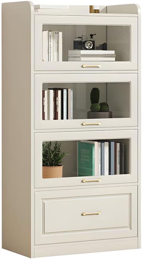 LITFAD White Wooden Bookcase Freestanding Storage Bookshelf with Glass Doors, Minimalist Home Storage Display Cabinet with Drawer for Bedroom, Study Room, Office, Library-23.5