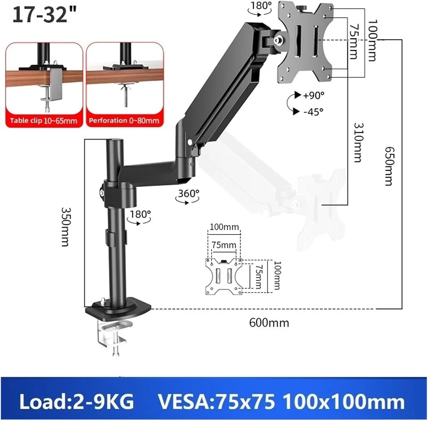 17 - 32 Inch LED Monitor Arm with Table Gas Spring - Full Motion Articulating Stand, TV Mount for PC